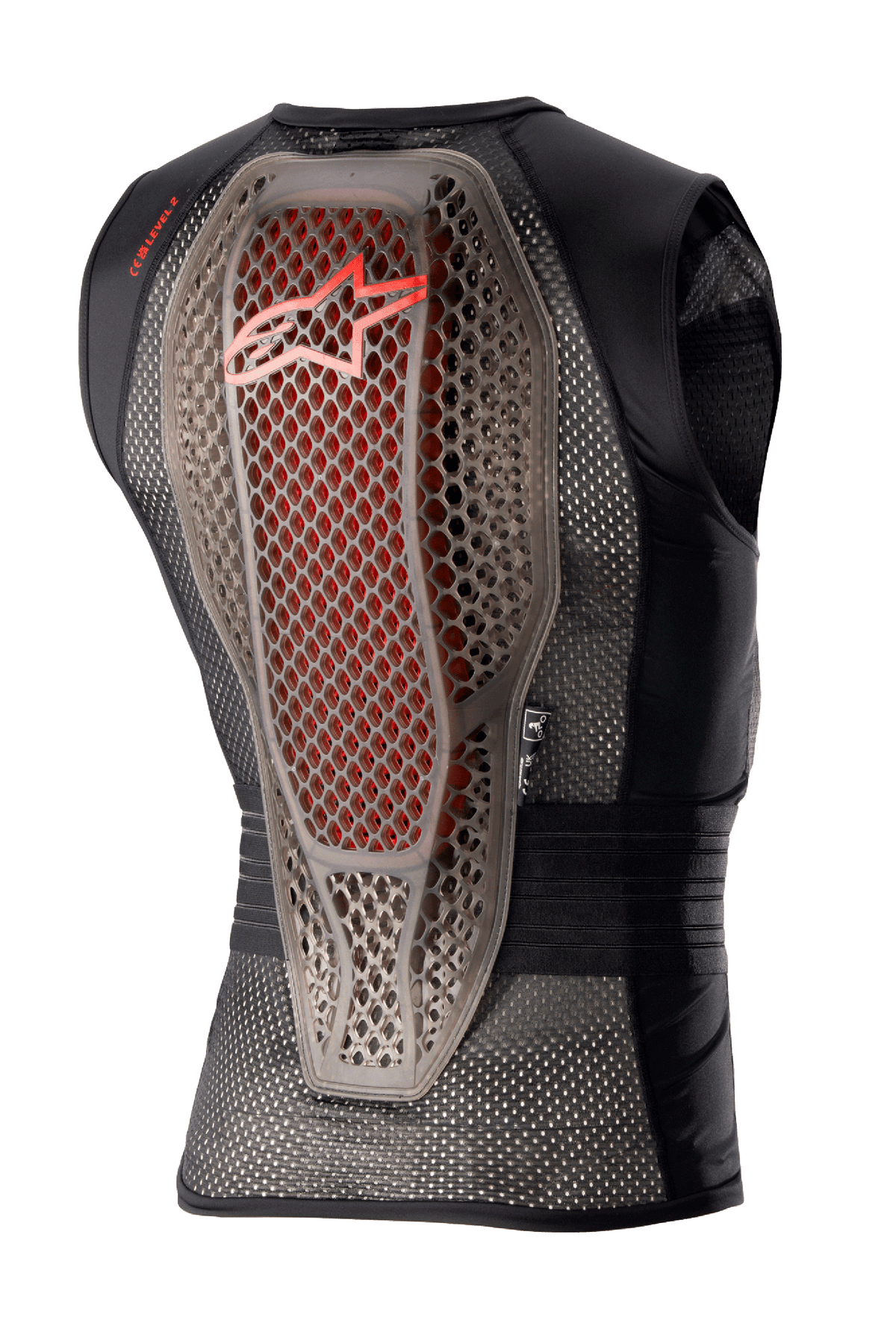 Alpinestars Nucleon Flex Pro Beskyttelsesvest, motorcykelbeskyttelse, Transparent Smoke Rød Sort, set bagfra, der viser hybrid Cell-struktur rygbeskytteren med røde detaljer, ventileret sort mesh-chassis og ergonomisk sikkerhedsdesign