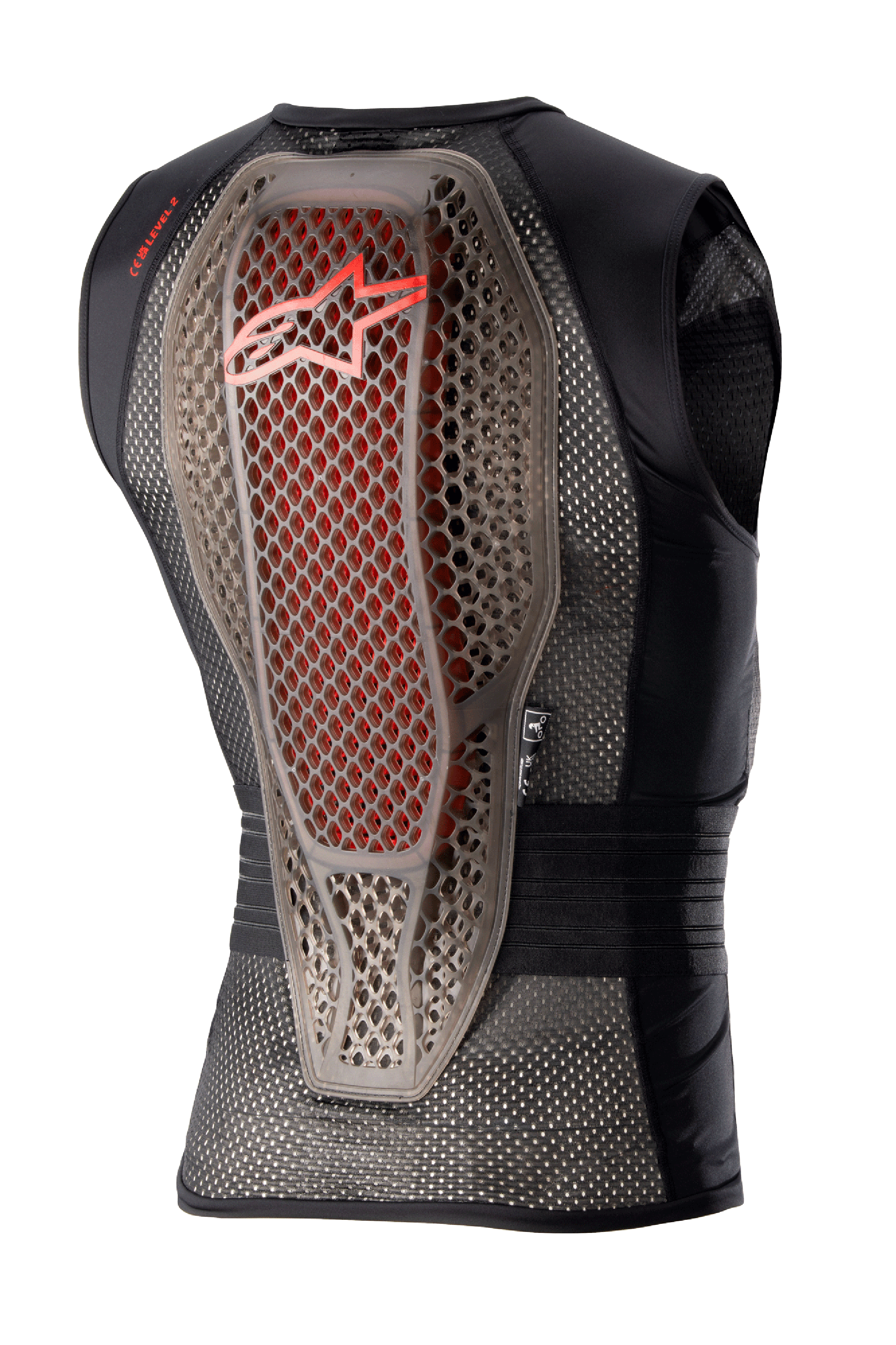 Alpinestars Nucleon Flex Pro Protection Vest, Motorcycle Body Armor, Transparent Smoke Red Black, Back view showing the hybrid Cell structure back protector with red accents, ventilated black mesh chassis, and ergonomic safety design