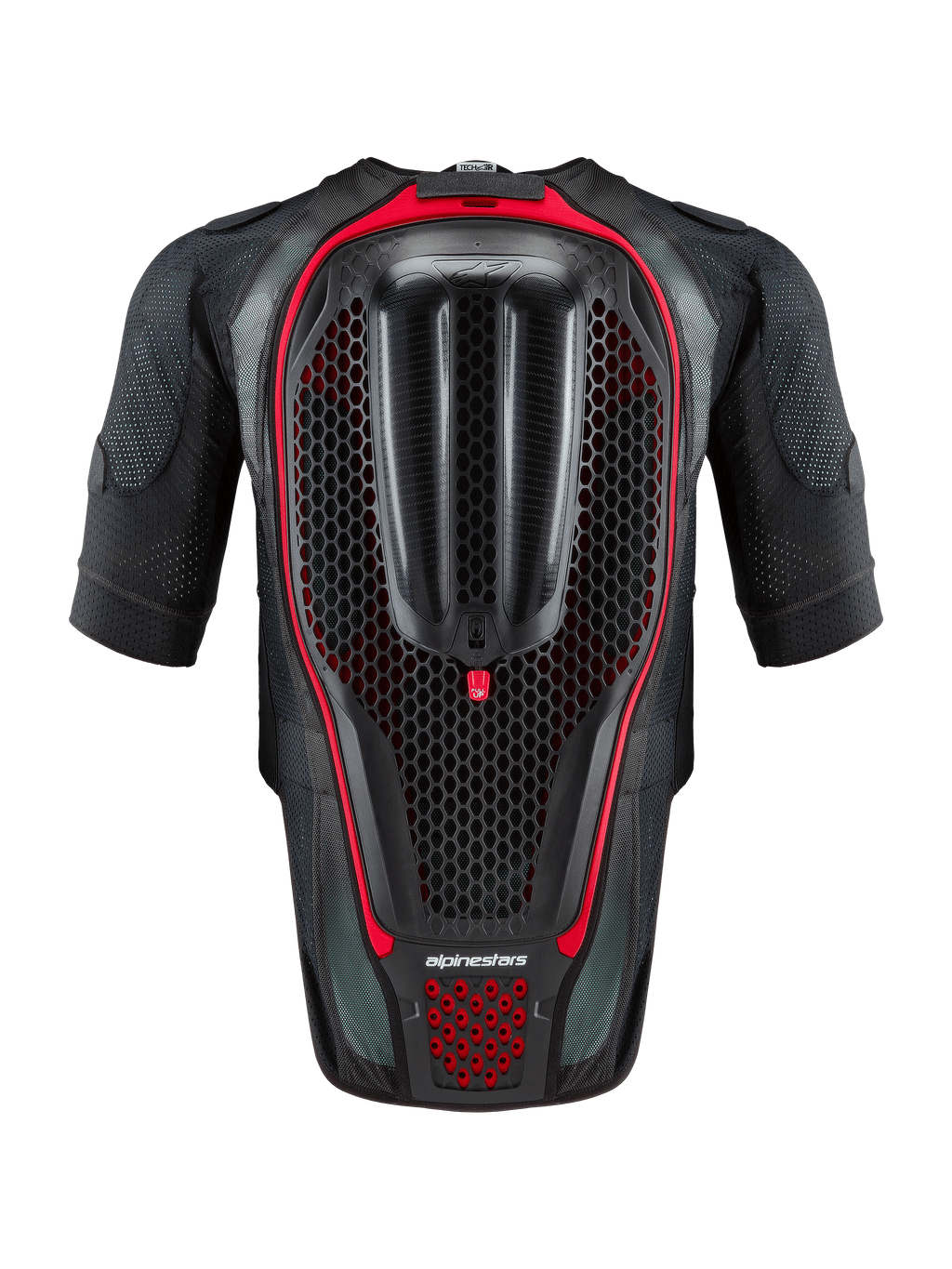 Alpinestars Tech-Air® 7X System, autonom motorcykel-airbagvest, sort og rød, set bagfra med integreret honeycomb-rygbeskytter og ventileret mesh-konstruktion til kørsel på bane og vej.