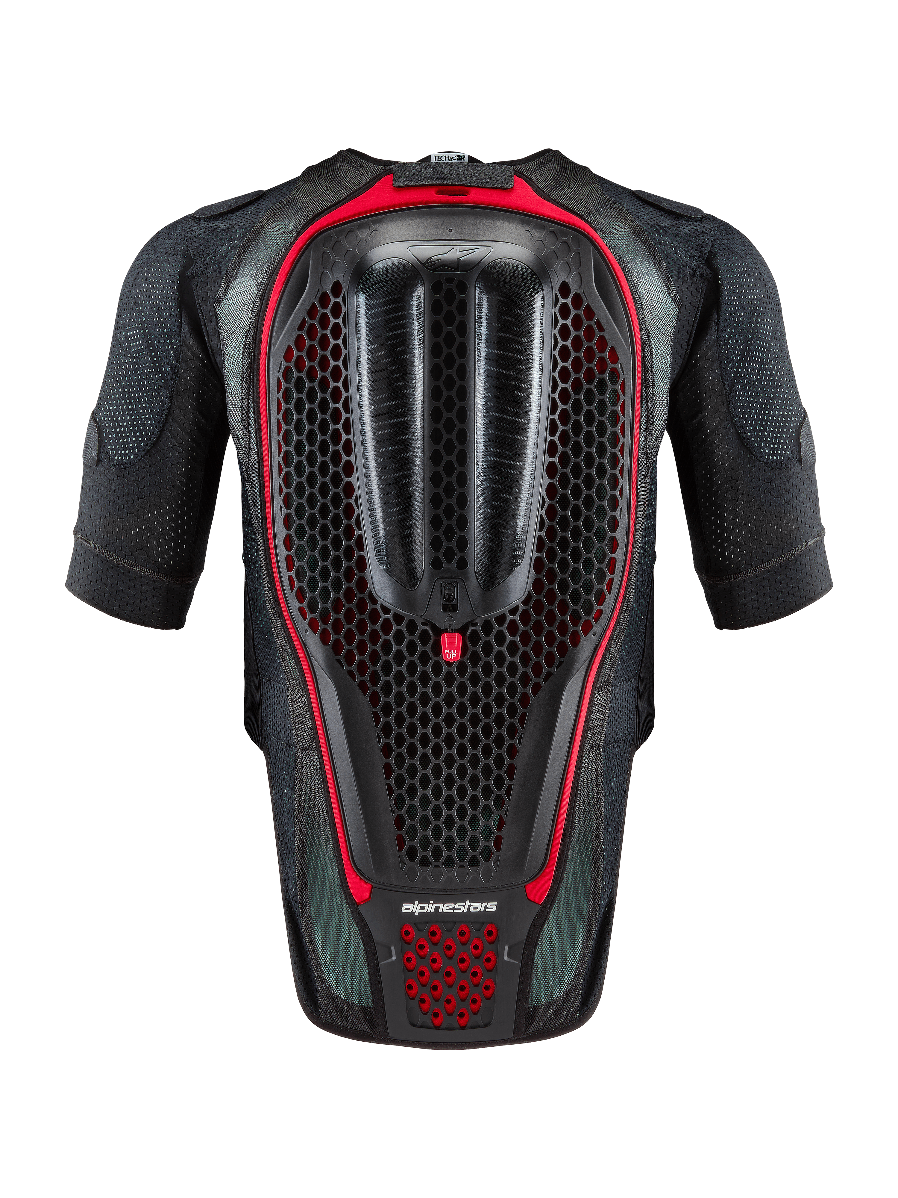 Alpinestars Tech-Air® 7X System, autonom motorcykel-airbagvest, sort og rød, set bagfra med integreret honeycomb-rygbeskytter og ventileret mesh-konstruktion til kørsel på bane og vej.