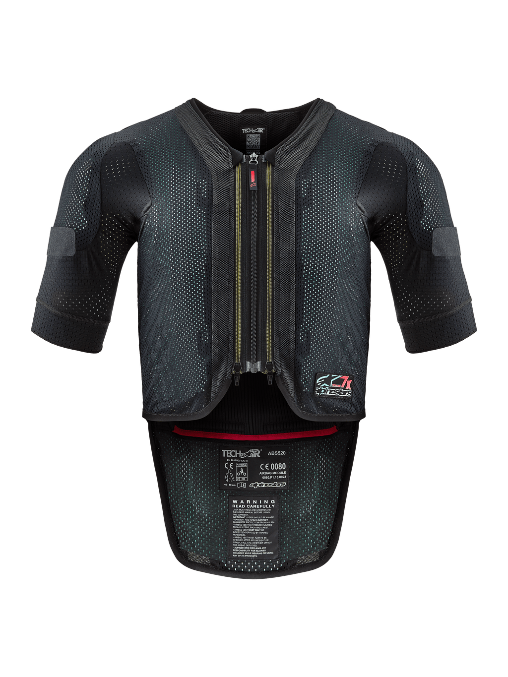 Alpinestars Tech-Air® 7X System, motorcykel airbagvest, sort og rød, set forfra med ventileret mesh-konstruktion, midterlynlås med rødt vedhæng og interne certificeringsmærkater, højtydende beskyttelse til bane- og vejkørsel