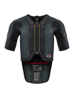 Alpinestars Tech-Air® 7X System, motorcykel airbagvest, sort og rød, set forfra med ventileret mesh-konstruktion, midterlynlås med rødt vedhæng og interne certificeringsmærkater, højtydende beskyttelse til bane- og vejkørsel