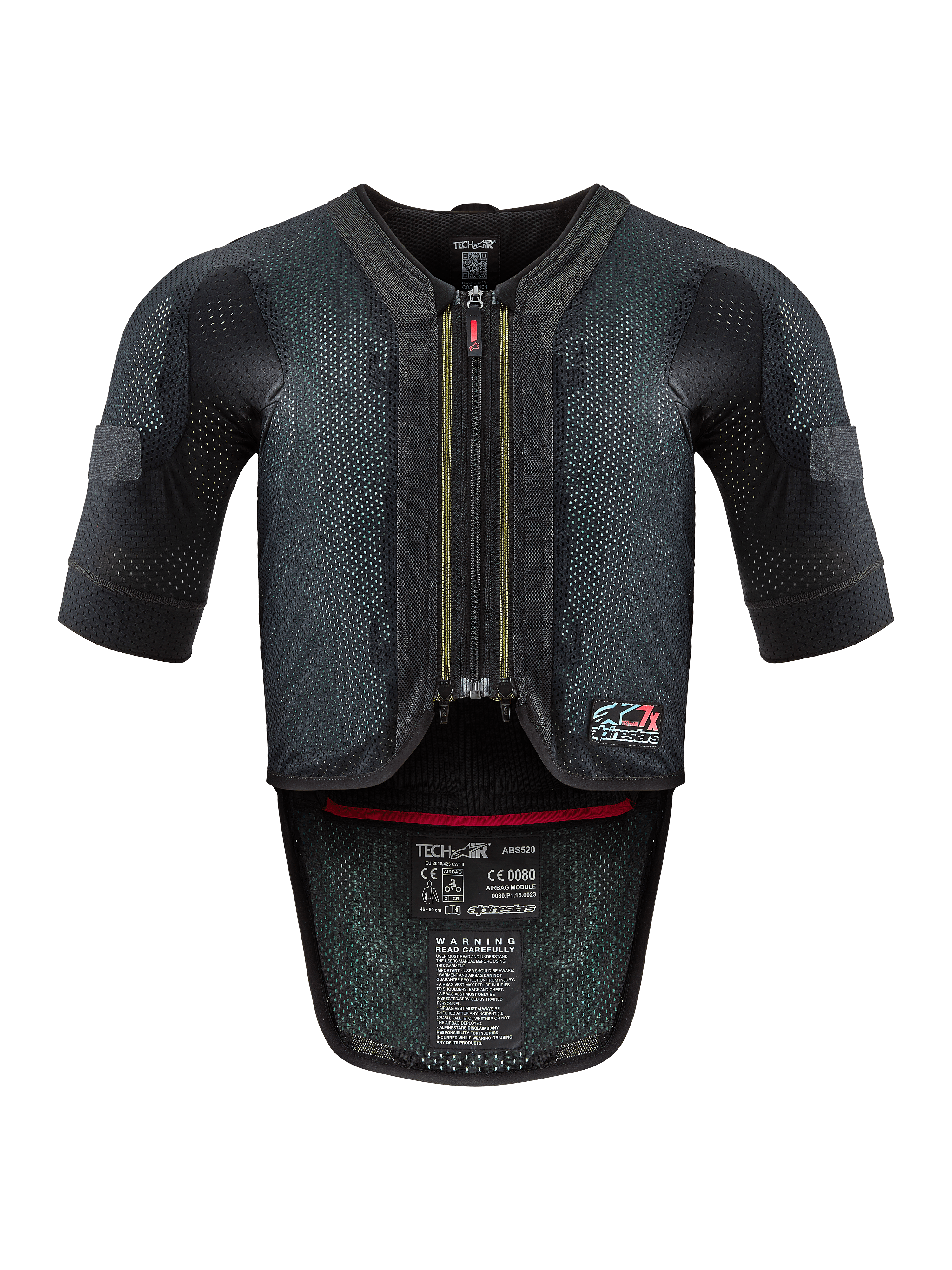 Alpinestars Tech-Air® 7X System, motorcykel airbagvest, sort og rød, set forfra med ventileret mesh-konstruktion, midterlynlås med rødt vedhæng og interne certificeringsmærkater, højtydende beskyttelse til bane- og vejkørsel