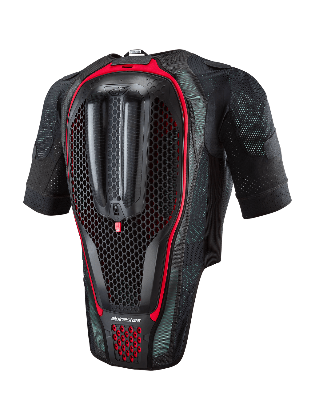 Alpinestars Tech-Air® 7X System, motorcykel-airbagvest, set bagfra med integreret rygbeskytter med bikubestruktur, sort mesh-stof med røde detaljer, ergonomisk sikkerhedsudstyr til road racing og track days