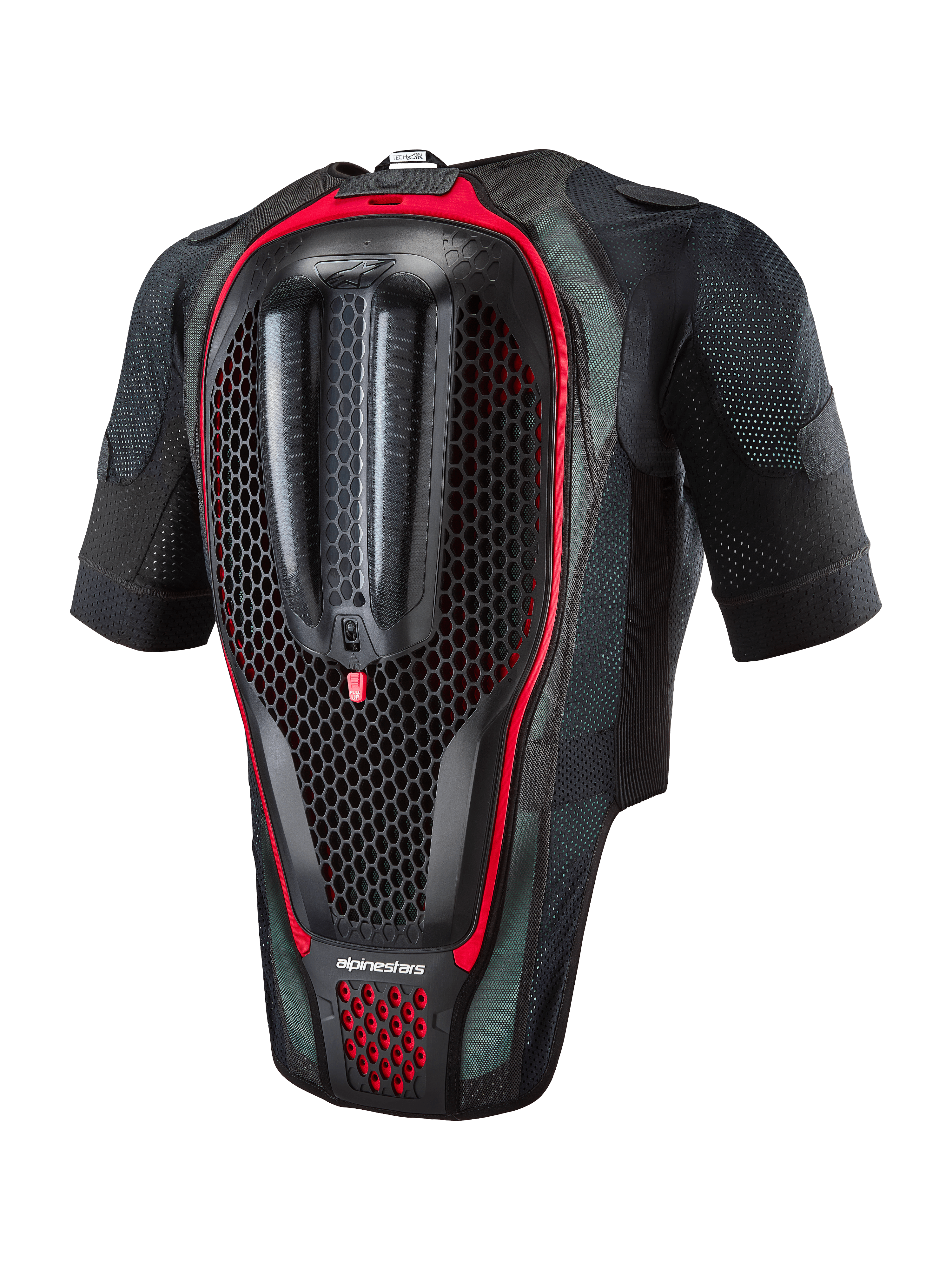 Alpinestars Tech-Air® 7X System, motorcykel-airbagvest, set bagfra med integreret rygbeskytter med bikubestruktur, sort mesh-stof med røde detaljer, ergonomisk sikkerhedsudstyr til road racing og track days
