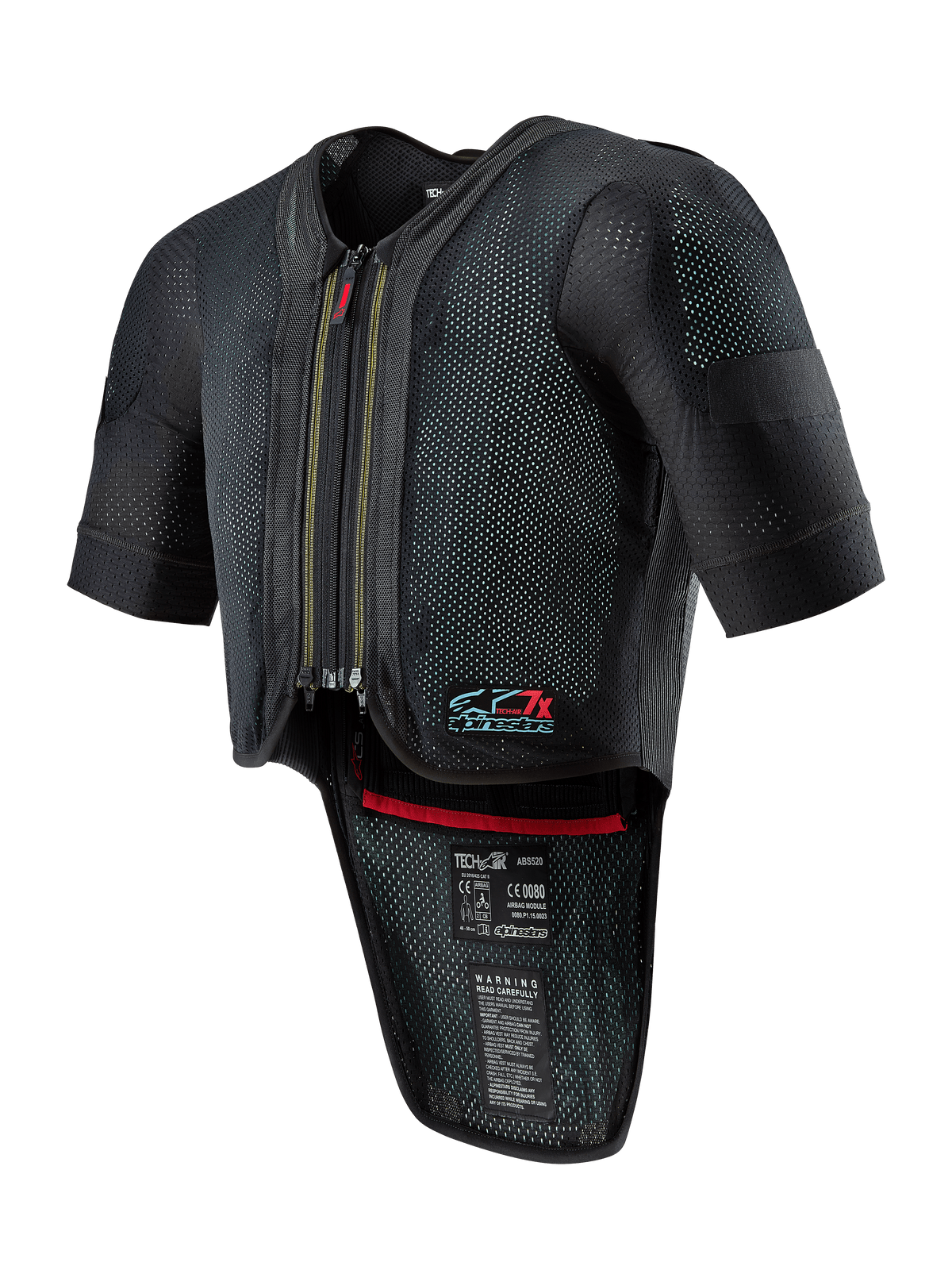 Alpinestars Tech-Air 7X System, sort airbagvest til motorcykel, lynlås foran, ventileret mesh-materiale med prikket tekstur, korte ærmer, forlænget rygbeskytter, røde indvendige detaljer, Tech-Air 7X-logo på brystet, designet til road racing og banekørsel
