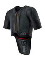 Alpinestars Tech-Air 7X System, sort airbagvest til motorcykel, lynlås foran, ventileret mesh-materiale med prikket tekstur, korte ærmer, forlænget rygbeskytter, røde indvendige detaljer, Tech-Air 7X-logo på brystet, designet til road racing og banekørsel