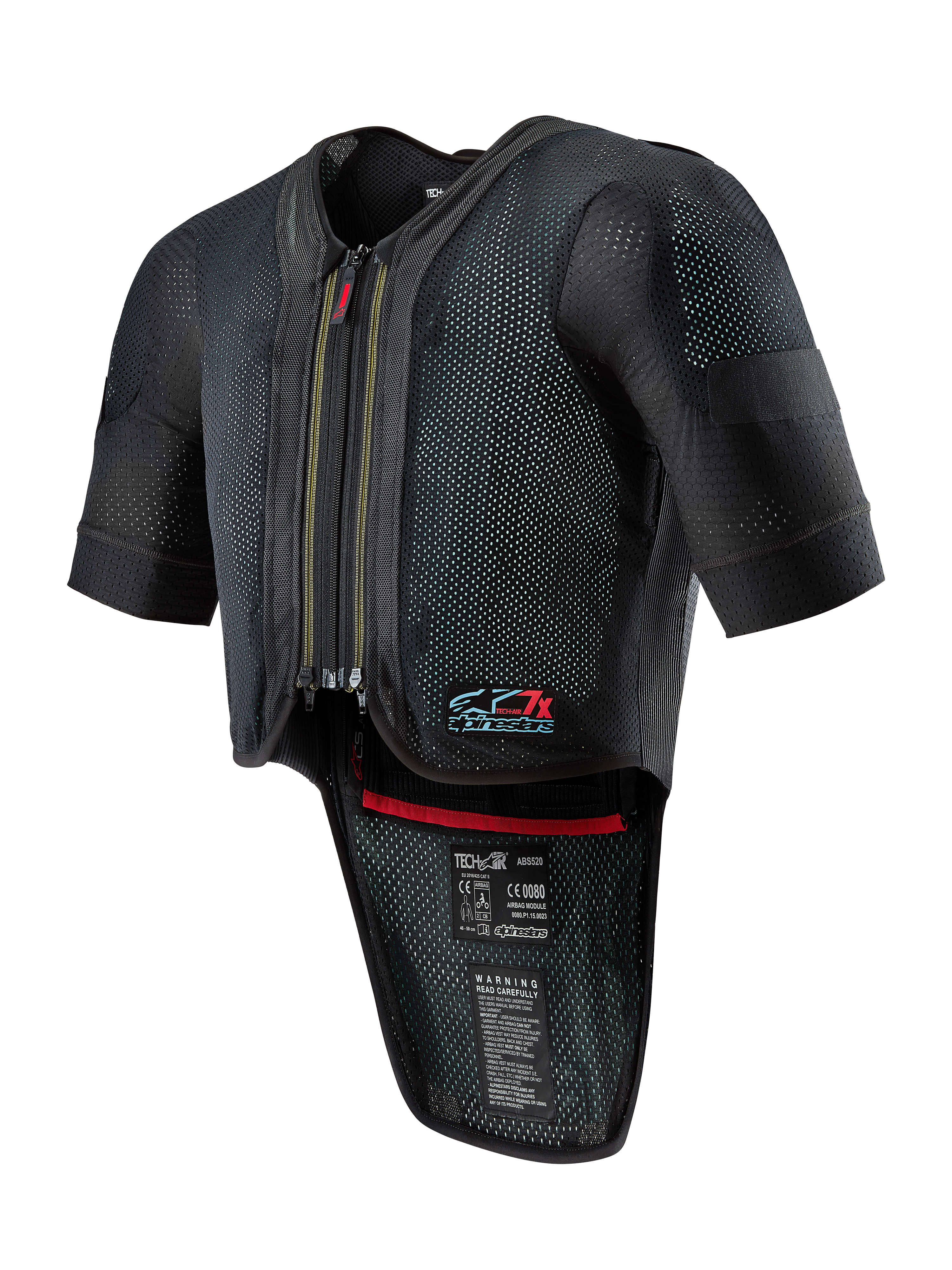 Alpinestars Tech-Air 7X System, sort airbagvest til motorcykel, lynlås foran, ventileret mesh-materiale med prikket tekstur, korte ærmer, forlænget rygbeskytter, røde indvendige detaljer, Tech-Air 7X-logo på brystet, designet til road racing og banekørsel