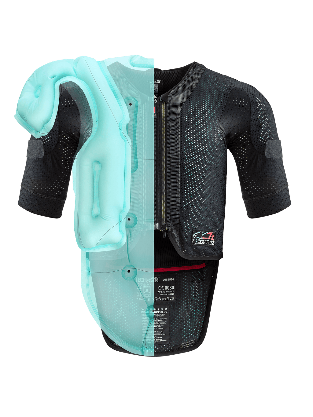 Alpinestars Tech-Air® 7X System, autonom airbag-vest til motorcykel, sort mesh-chassis med lyseblå gennemsigtig visualisering af den interne airbag-blære, teknisk beskyttelsesudstyr med korte ærmer og integreret rygbeskytter