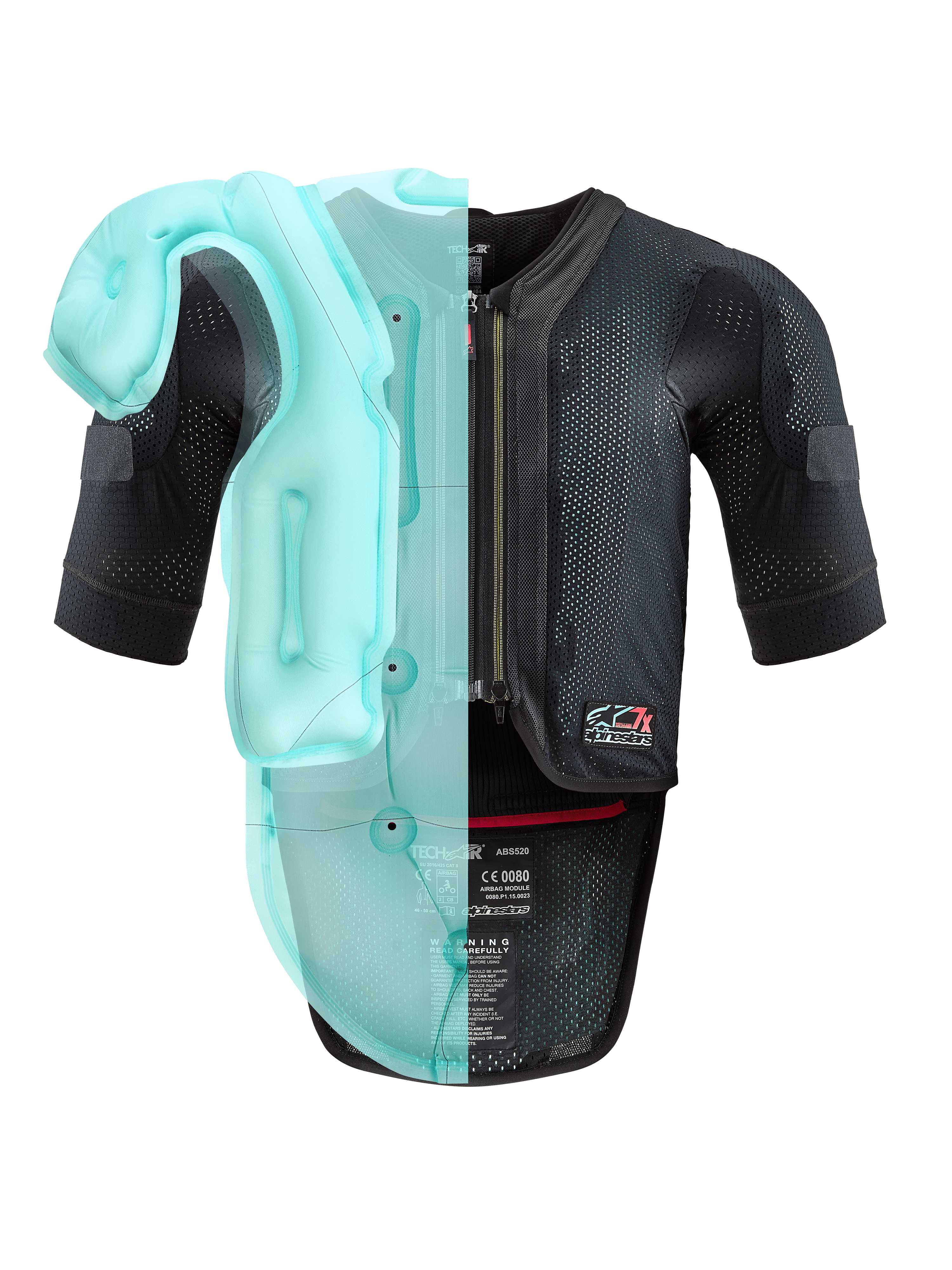 Alpinestars Tech-Air® 7X System, autonom airbag-vest til motorcykel, sort mesh-chassis med lyseblå gennemsigtig visualisering af den interne airbag-blære, teknisk beskyttelsesudstyr med korte ærmer og integreret rygbeskytter