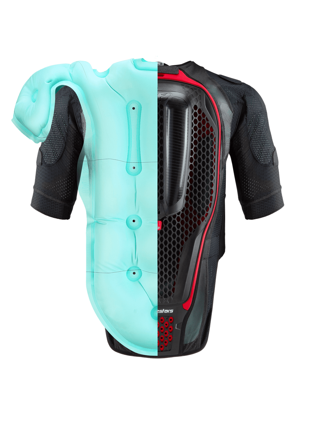 Alpinestars Tech-Air® 7X System, motorcykel airbag-vest, sort og rød, set bagfra med en delt visning af den lyseblå oppustede airbag-blære og den indvendige honeycomb-rygbeskytter, højtydende beskyttelse til bane og vej.