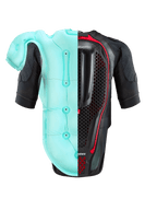 Alpinestars Tech-Air® 7X System, motorcykel airbag-vest, sort og rød, set bagfra med en delt visning af den lyseblå oppustede airbag-blære og den indvendige honeycomb-rygbeskytter, højtydende beskyttelse til bane og vej.