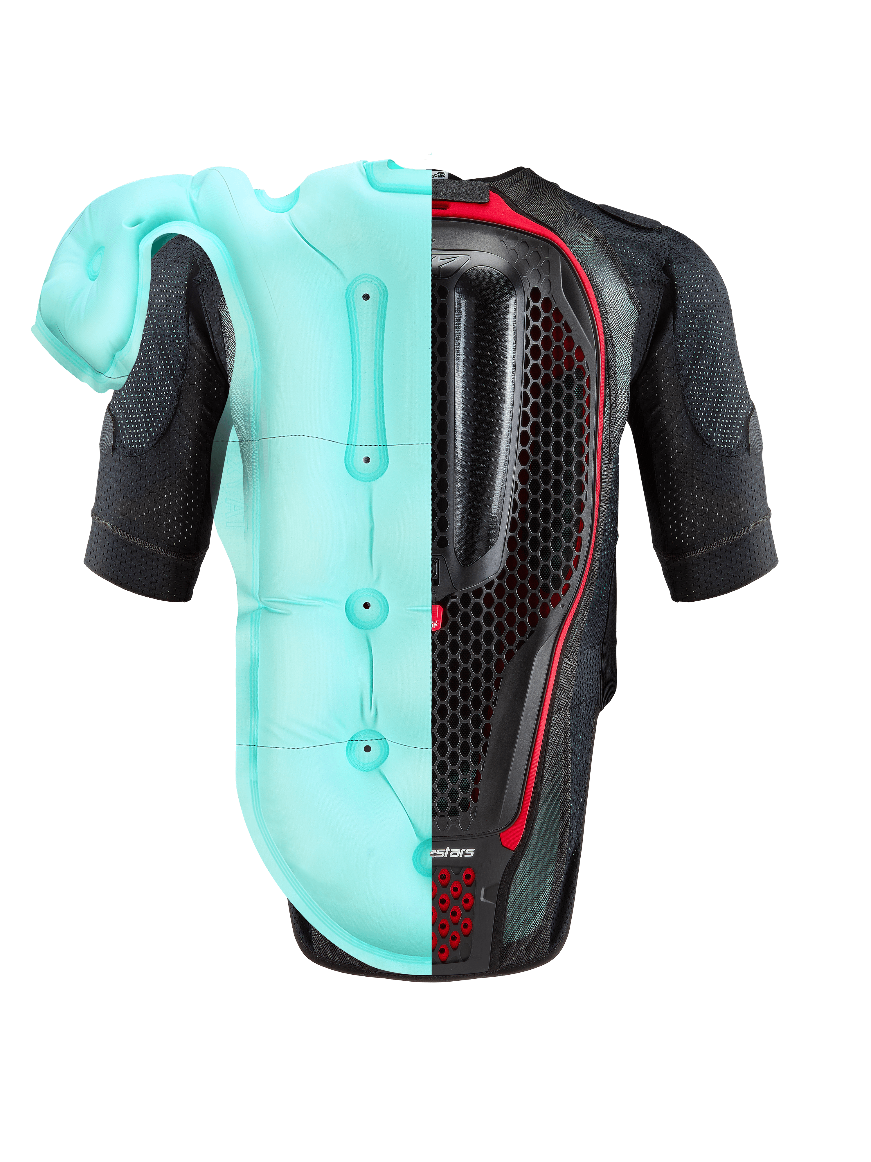 Alpinestars Tech-Air® 7X System, motorcykel airbag-vest, sort og rød, set bagfra med en delt visning af den lyseblå oppustede airbag-blære og den indvendige honeycomb-rygbeskytter, højtydende beskyttelse til bane og vej.