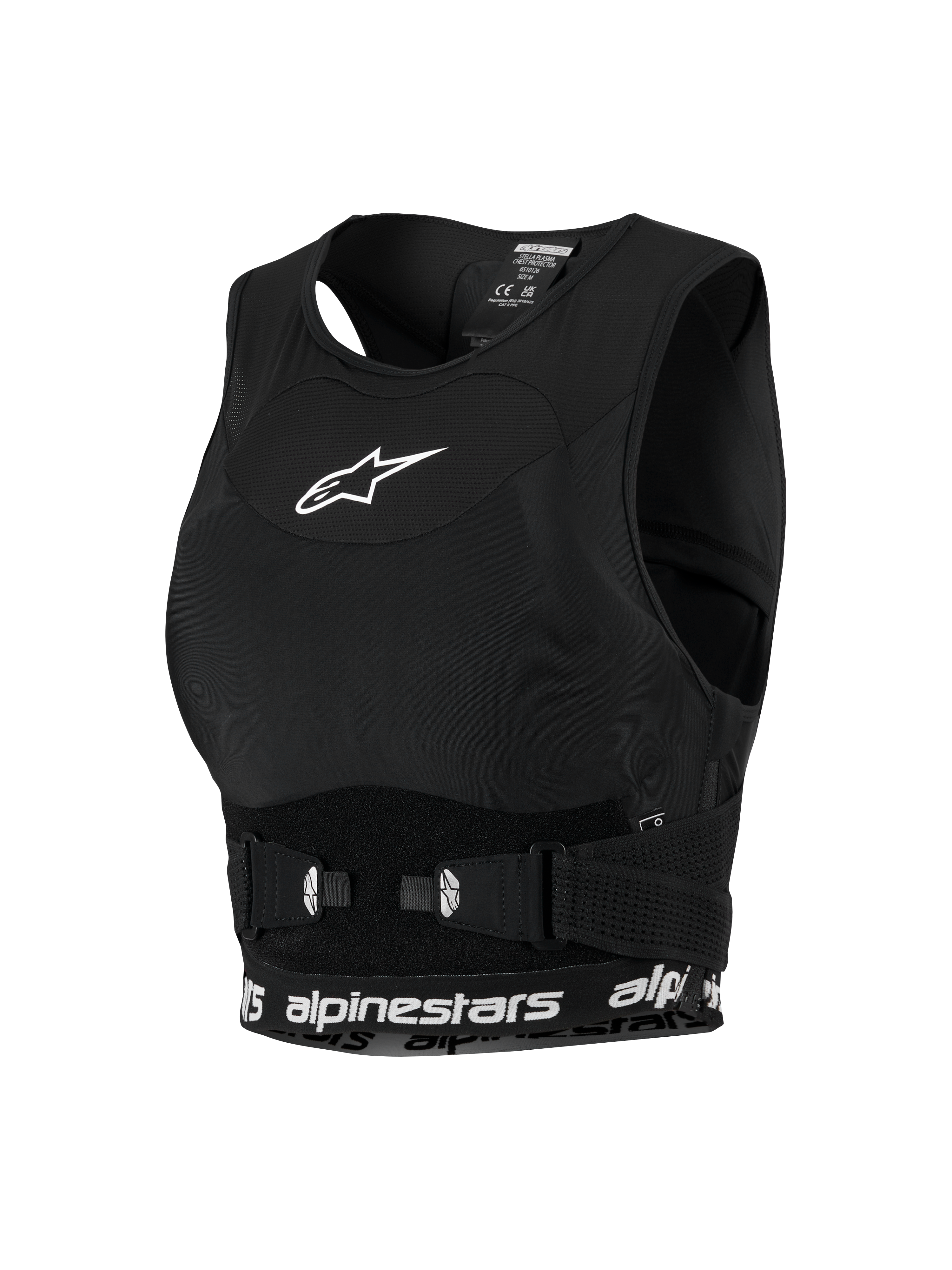Alpinestars Woman Stella Plasma Chest Protector, Women's Motocross Gear, Black with White details, sports-bra style mesh chassis, featuring a white star logo on the chest and branded lower band, adjustable side buckles for a secure fit