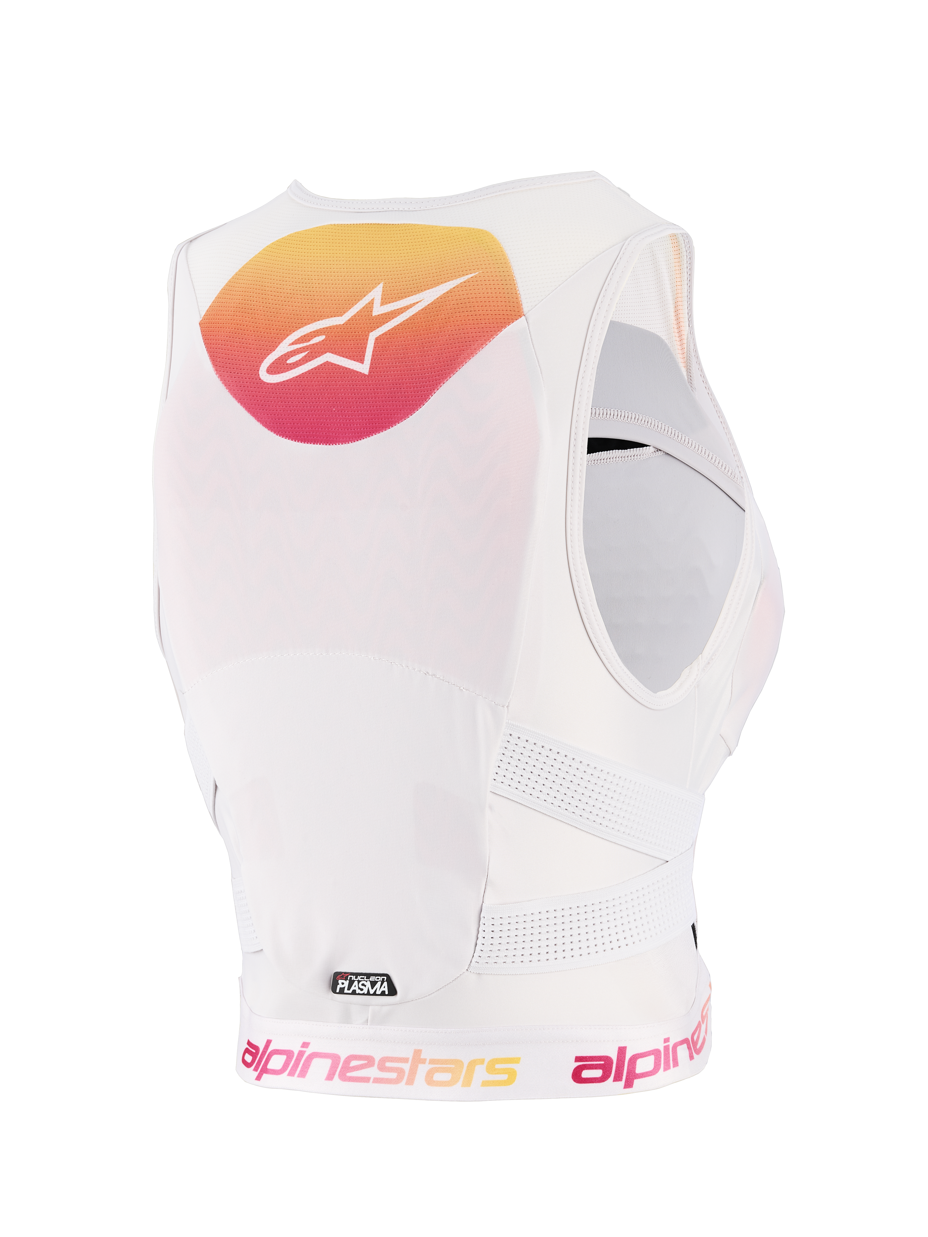 Alpinestars Stella Plasma brystbeskytter til kvinder, Light Lilac Fade White, set bagfra med gul og lyserød gradientgrafik og hvidt logo, hvid åndbar mesh-konstruktion og perforerede sidestropper til off-road beskyttelse.