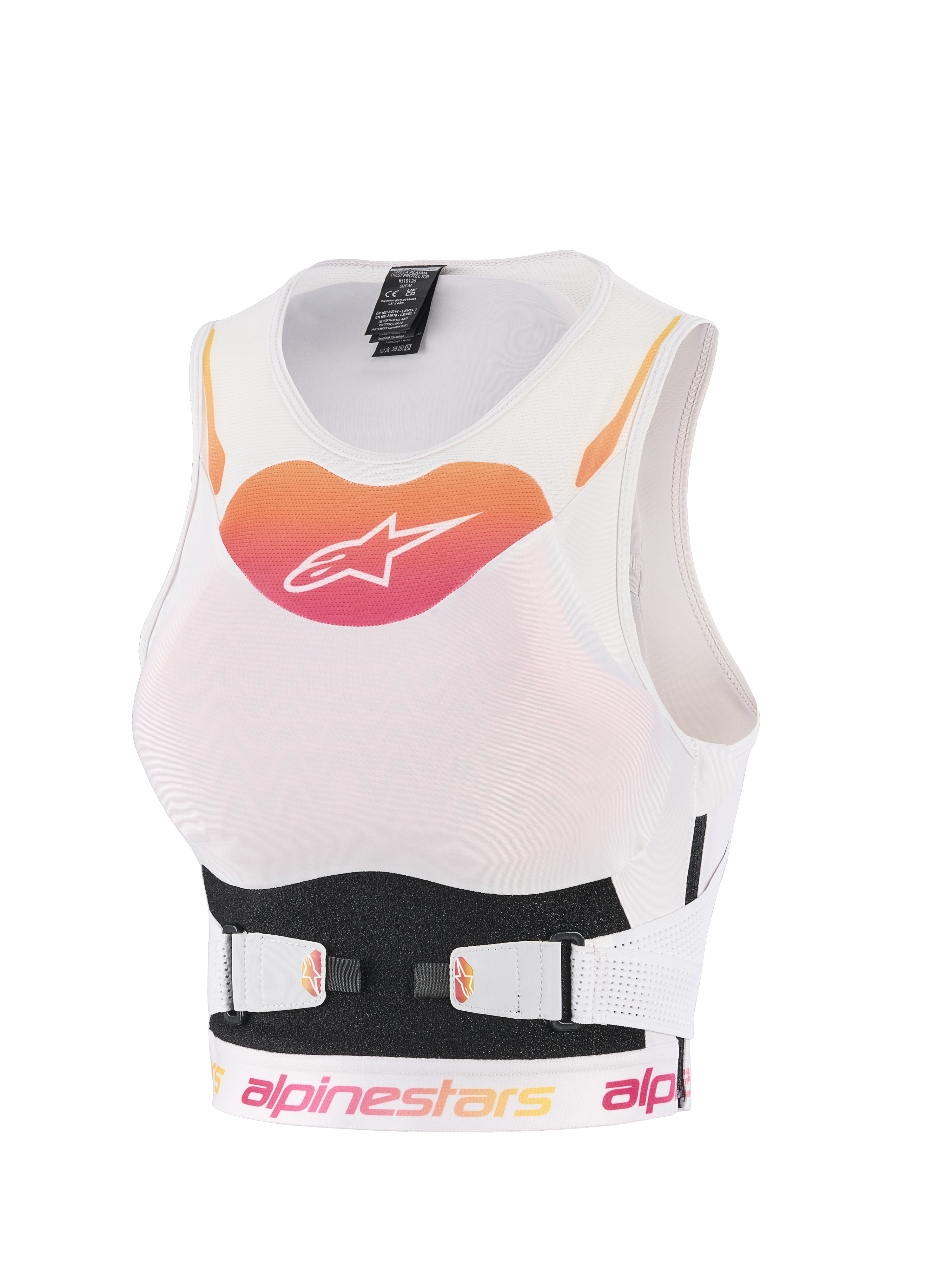 Alpinestars Stella Plasma brystbeskytter, motocross-beskyttelsesvest til kvinder, hvid med orange og pink gradient-logo, åndbar mesh-konstruktion med justerbare V-bælte-stropper, ergonomisk off-road kropsbeskyttelse