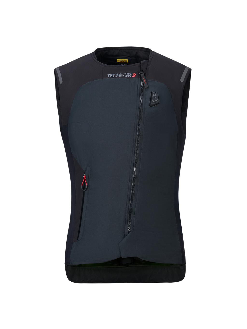 Alpinestars Stella Tech-Air 3 V2 System til damer, sort motorcykel-airbagvest, set forfra, med diagonal lynlås, Tech-Air 3-branding og en LED-statusindikator på brystet