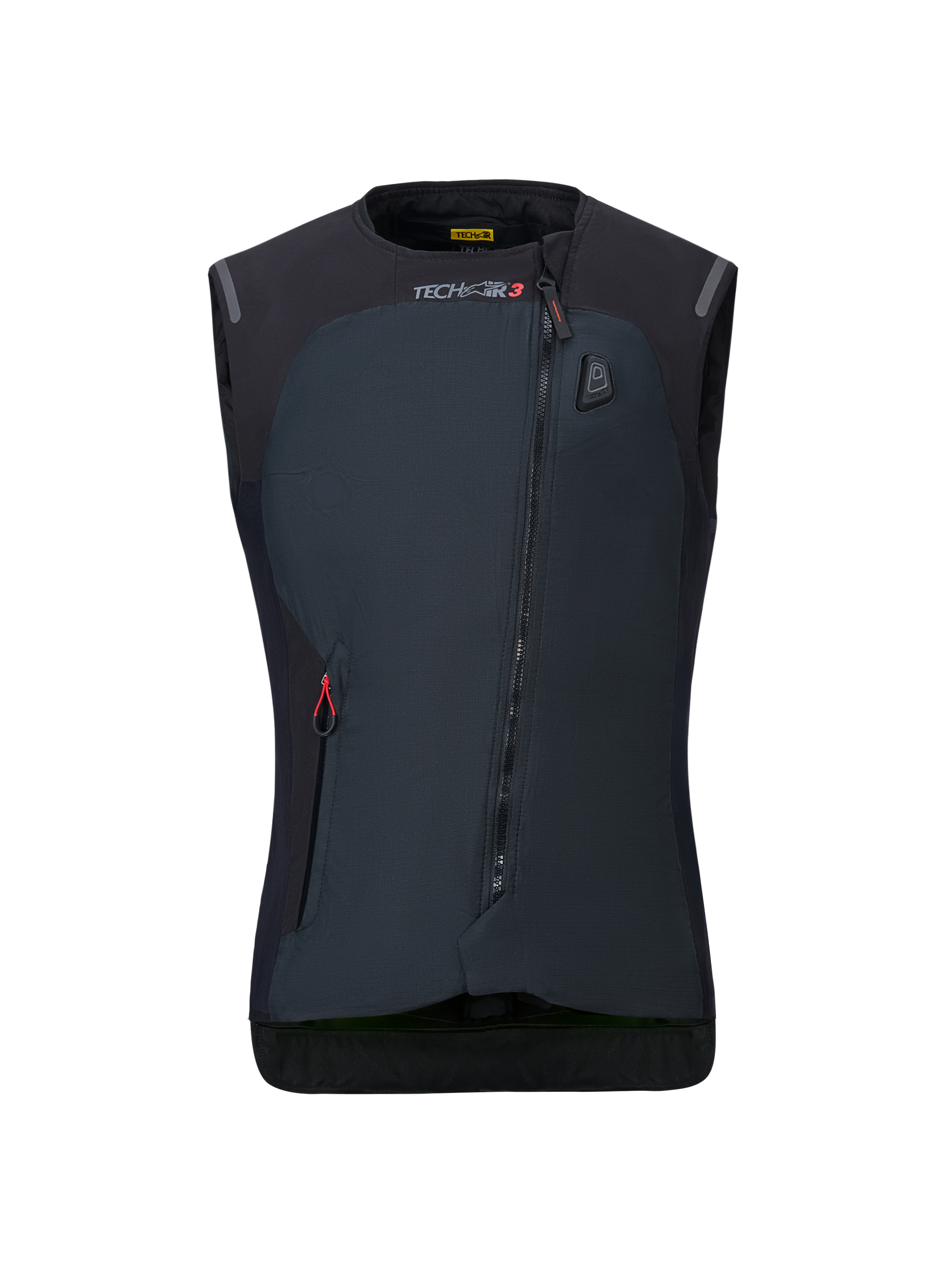 Alpinestars Stella Tech-Air 3 V2 System til damer, sort motorcykel-airbagvest, set forfra, med diagonal lynlås, Tech-Air 3-branding og en LED-statusindikator på brystet