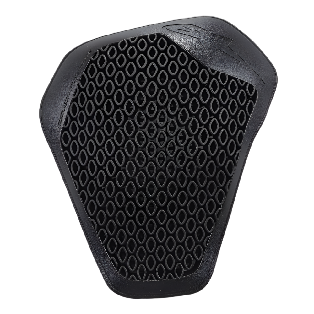 Alpinestars Nucleon Flex Plus skulderbeskytter, sort, motorcykelbeskyttelsesindsats med perforeret åben cellestruktur til ventilation, slank ergonomisk skjoldform, præget logo