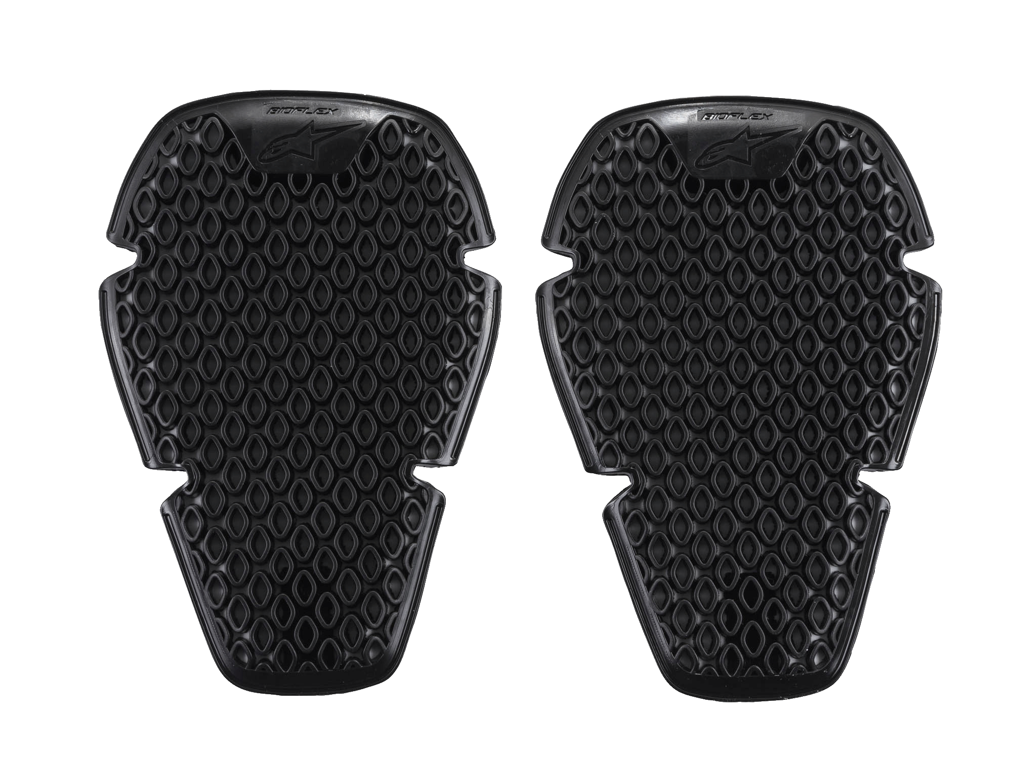 Alpinestars Bioflex knæbeskyttelse, knæbeskyttere, sort, et par slanke beskyttelsesindlæg med en broet cellestruktur og diamantformet ventilation, letvægts ergonomisk design til stødbeskyttelse, Alpinestars-logo og Bioflex-branding øverst