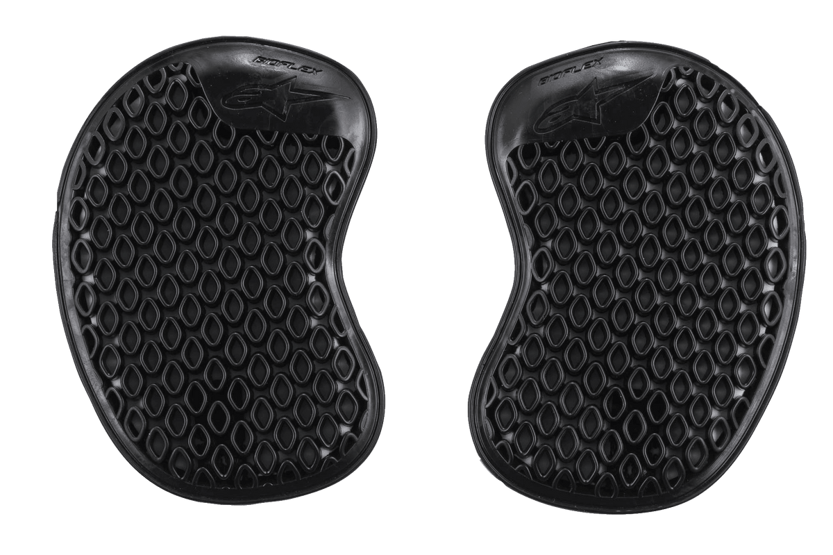Alpinestars Bioflex hoftebeskyttere, sorte, et par hoftebeskytter-indsatser til motorcykel, ventileret bikubestruktur, slank ergonomisk form for en diskret pasform, adaptive stødbeskyttende puder