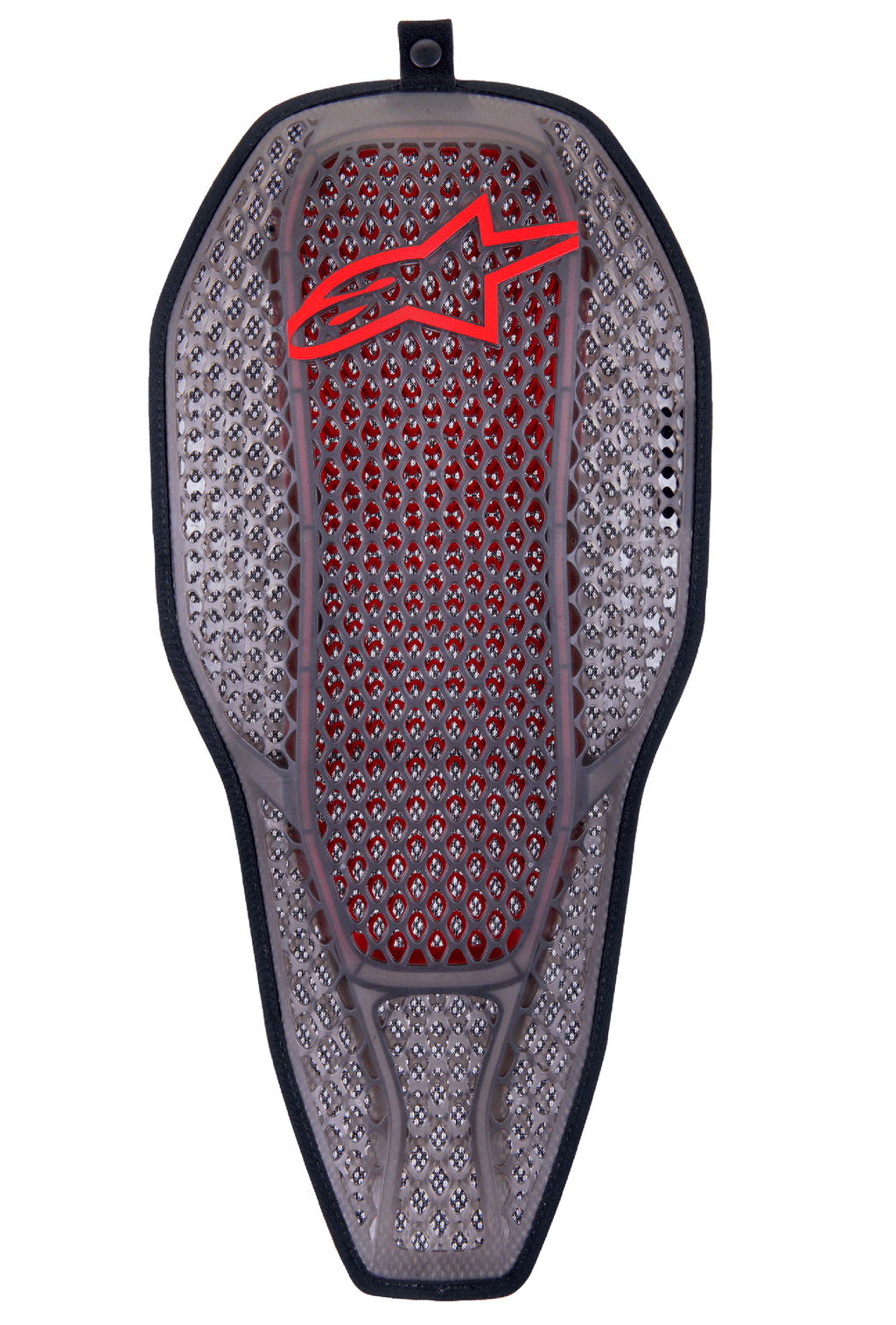 Alpinestars Nucleon Flex Proi fuld rygbeskytterindsats, Transparent Smoke Red, røggrå sekskantet cellestruktur med rød indre kerne, rødt Alpinestars-logo øverst, ergonomisk aflang skjoldform, højventileret motorcykelbeskyttelsesudstyr
