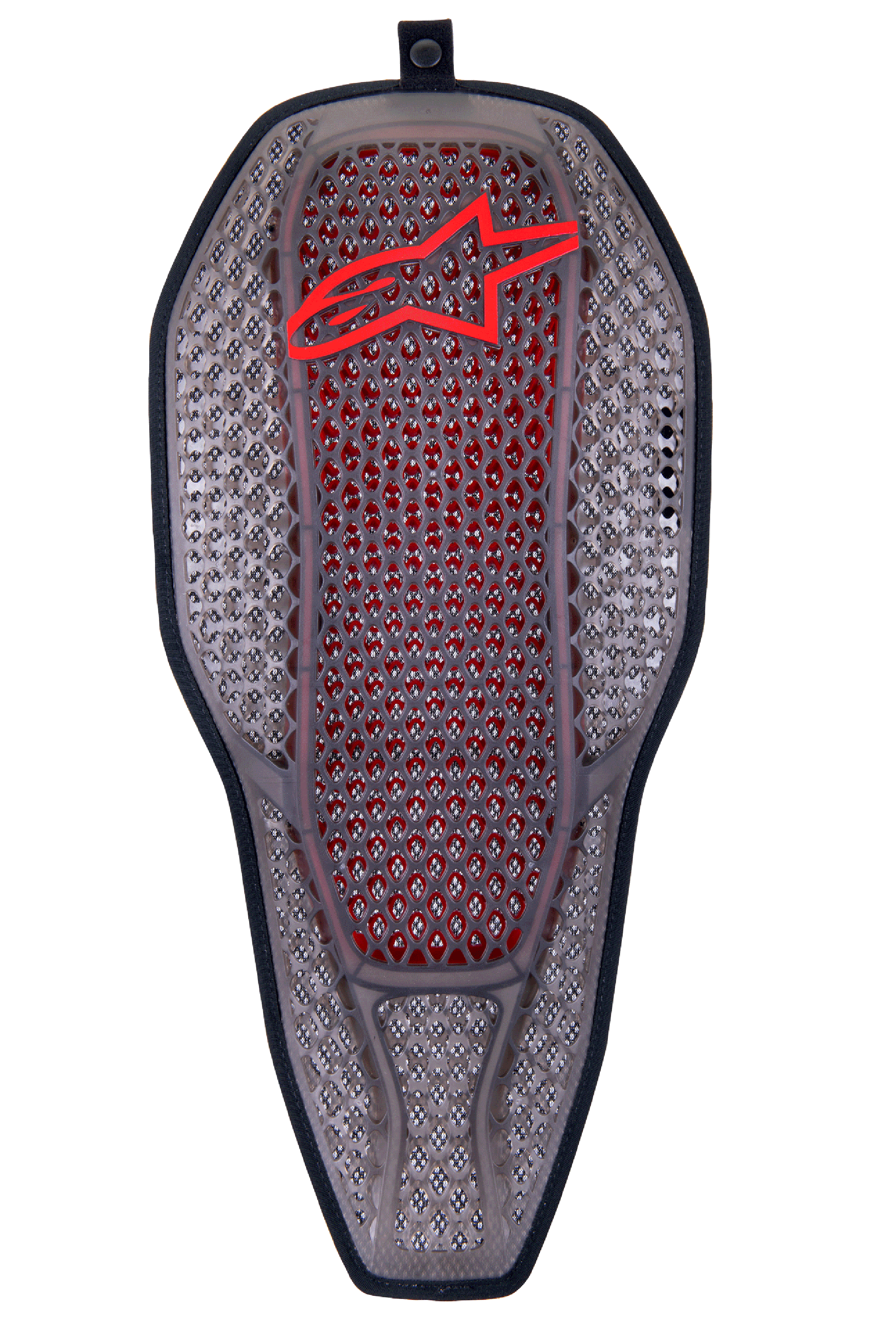 Alpinestars Nucleon Flex Proi fuld rygbeskytterindsats, Transparent Smoke Red, røggrå sekskantet cellestruktur med rød indre kerne, rødt Alpinestars-logo øverst, ergonomisk aflang skjoldform, højventileret motorcykelbeskyttelsesudstyr
