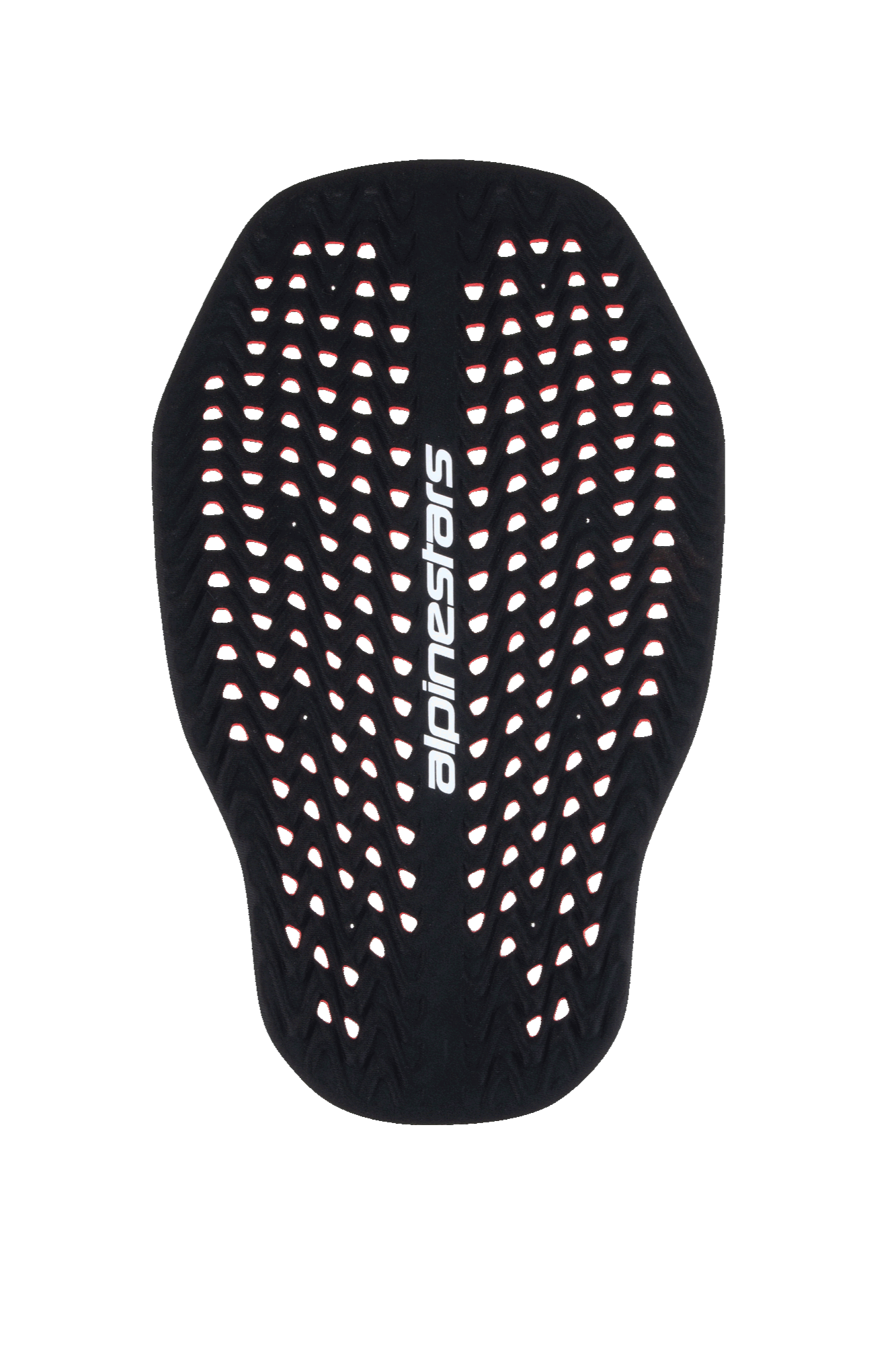 Alpinestars Nucleon Plasma Back Protector Insert, Black and Red motorcycle back protector, highly perforated honeycomb structure for ventilation, vertical white Alpinestars branding, lightweight and adaptive Level 2 CE certified impact protection.