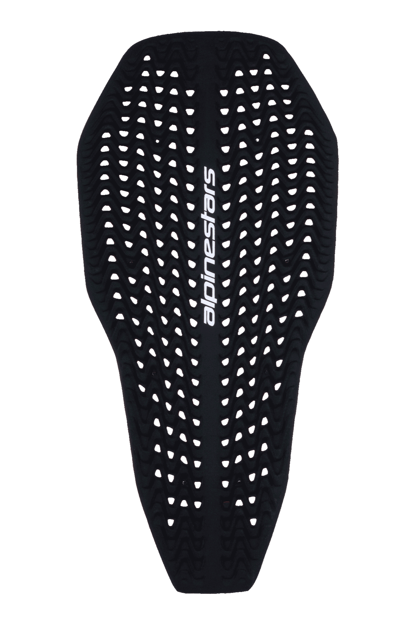 Alpinestars Nucleon Plasma Full Back Protector Insert, rygbeskytter til motorcykel, sort, med en perforeret bølgeformet tekstur til ventilation, hvidt lodret Alpinestars-logo, slankt og fleksibelt kontureret design