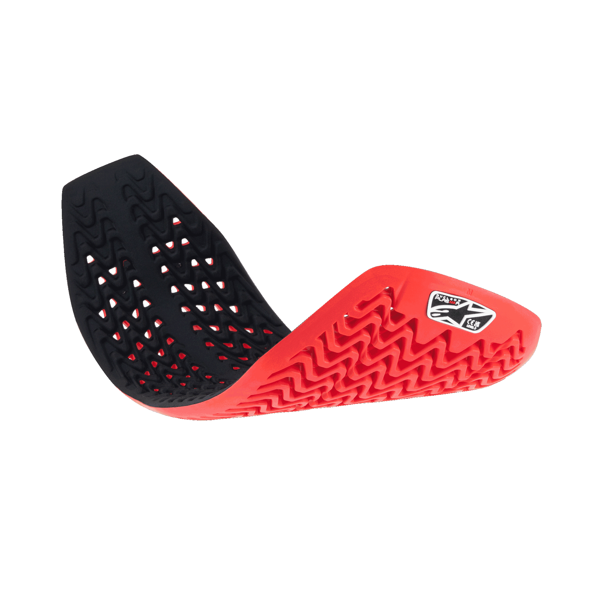 Alpinestars Nucleon Plasma Fuldlængde Rygbeskytter Indsats, rød og sort, fleksibel motorcykelrygbeskytter vist buet for at demonstrere smidighed, med ventileret honeycomb-struktur og bølgede mønstre til stødabsorbering og åndbarhed