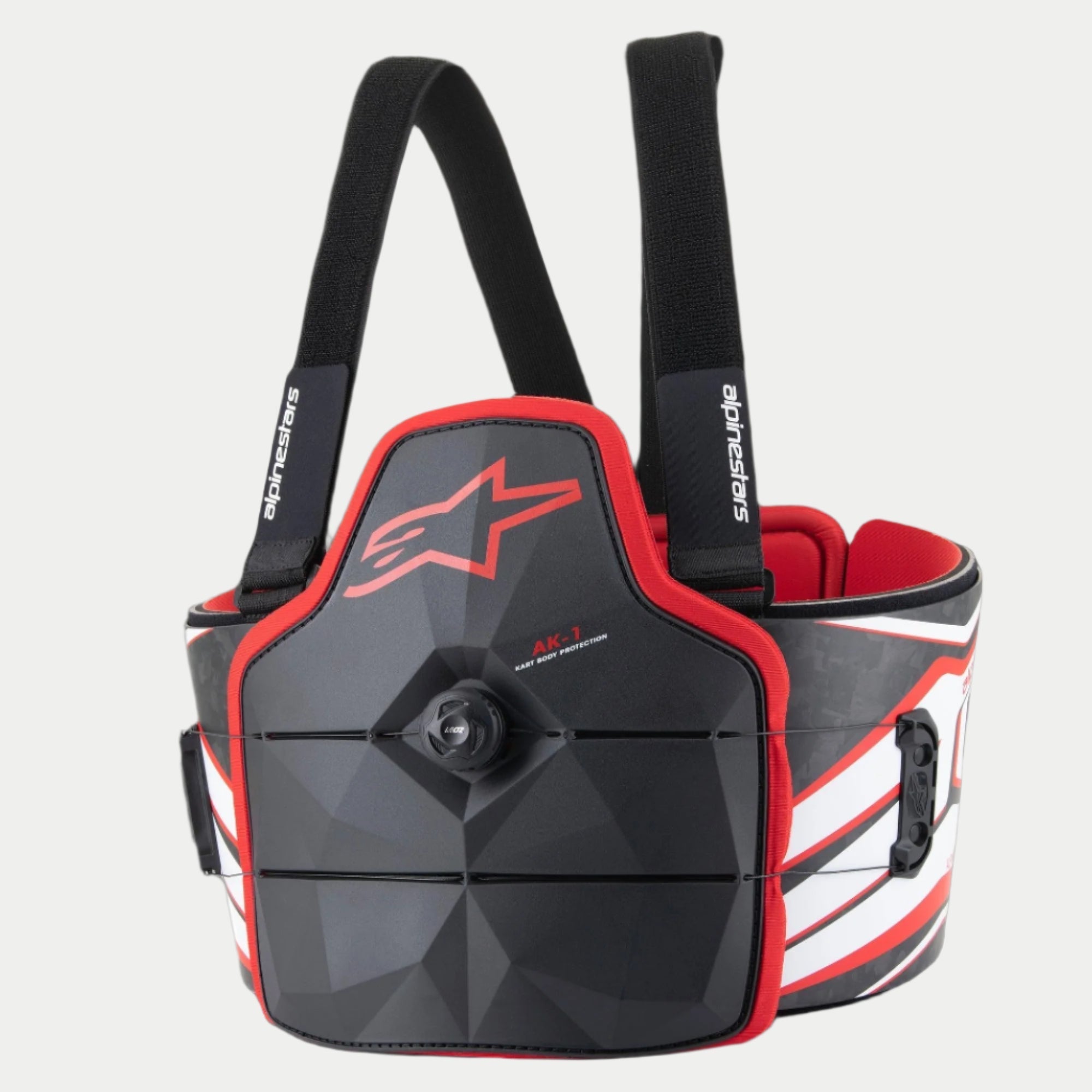 Alpinestars Youth AK-1 Kart kropsbeskytter, karting-kropsbeskyttelse, sort, hvid og rød, facetteret brystplade med central speed-lace drejeskive, rød kant og logo, justerbare sorte skulderstropper, ergonomisk designet til racing