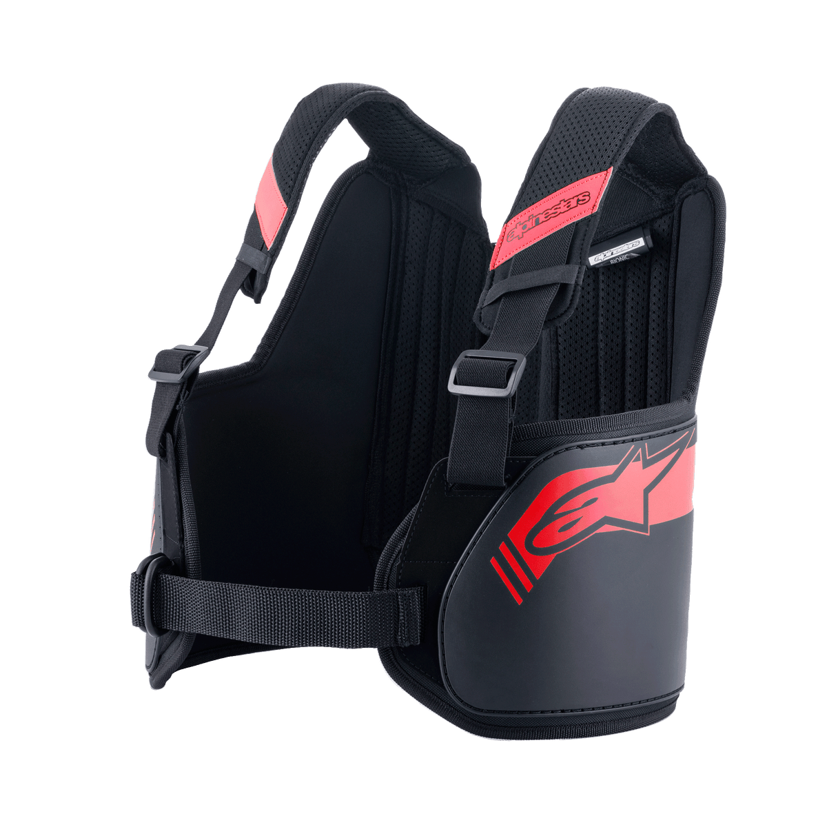 Alpinestars Bionic Rib Support, ribbensbeskytter til gokart, sort og rød, justerbare skulderstropper med spænder, ergonomisk kontureret design med rødt logo, åndbart mesh-stof til motorsportsbeskyttelse