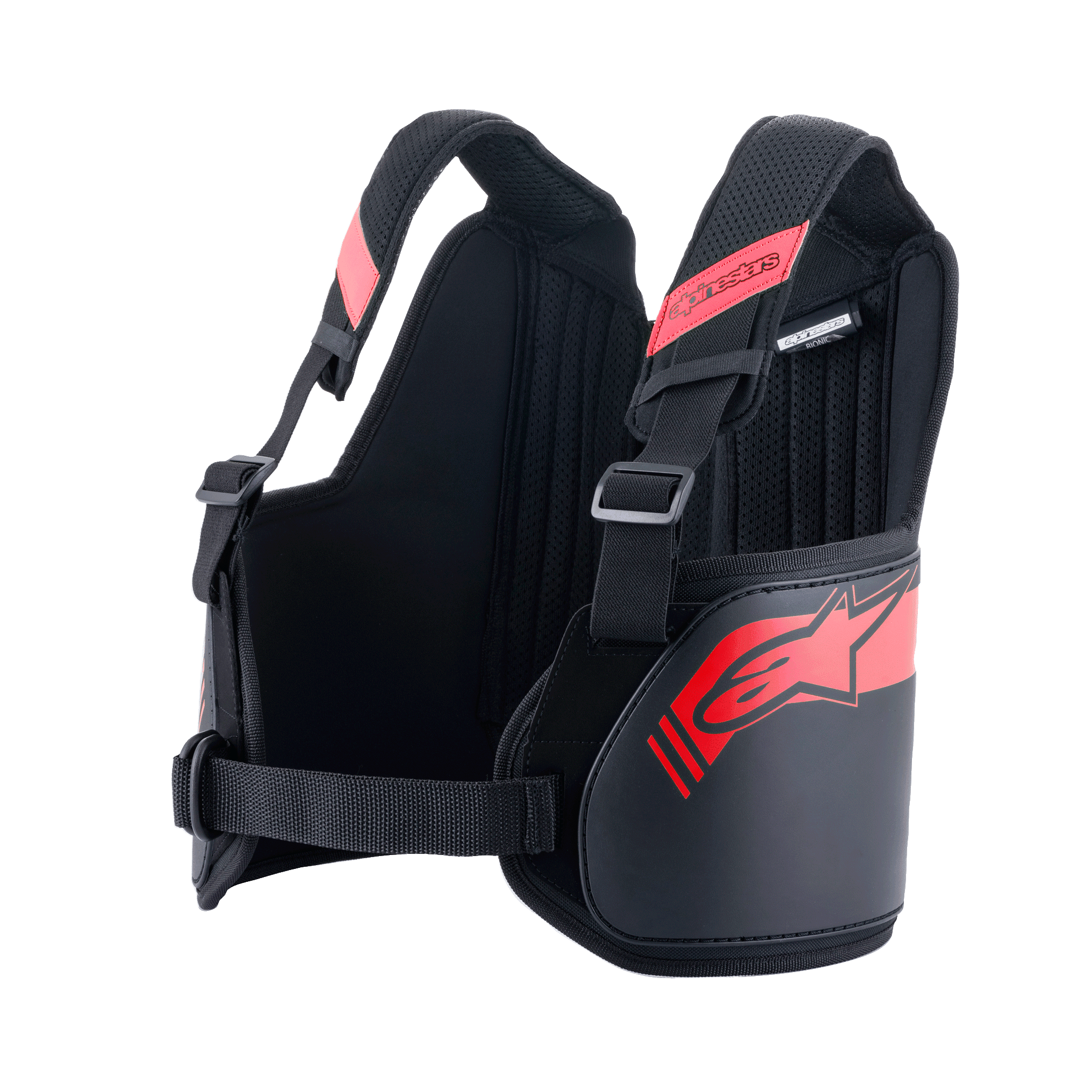 Alpinestars Bionic Rib Support, ribbensbeskytter til gokart, sort og rød, justerbare skulderstropper med spænder, ergonomisk kontureret design med rødt logo, åndbart mesh-stof til motorsportsbeskyttelse
