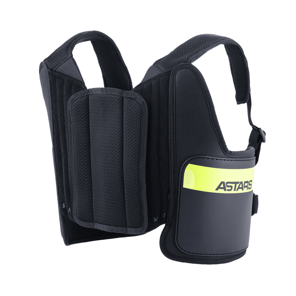 Alpinestars Bionic Rib Support, karting ribbensbeskytter, sort og fluoriserende gul, med ASTARS-branding, justerbare mesh-stropper og flerlags polstret konstruktion for en ergonomisk pasform.