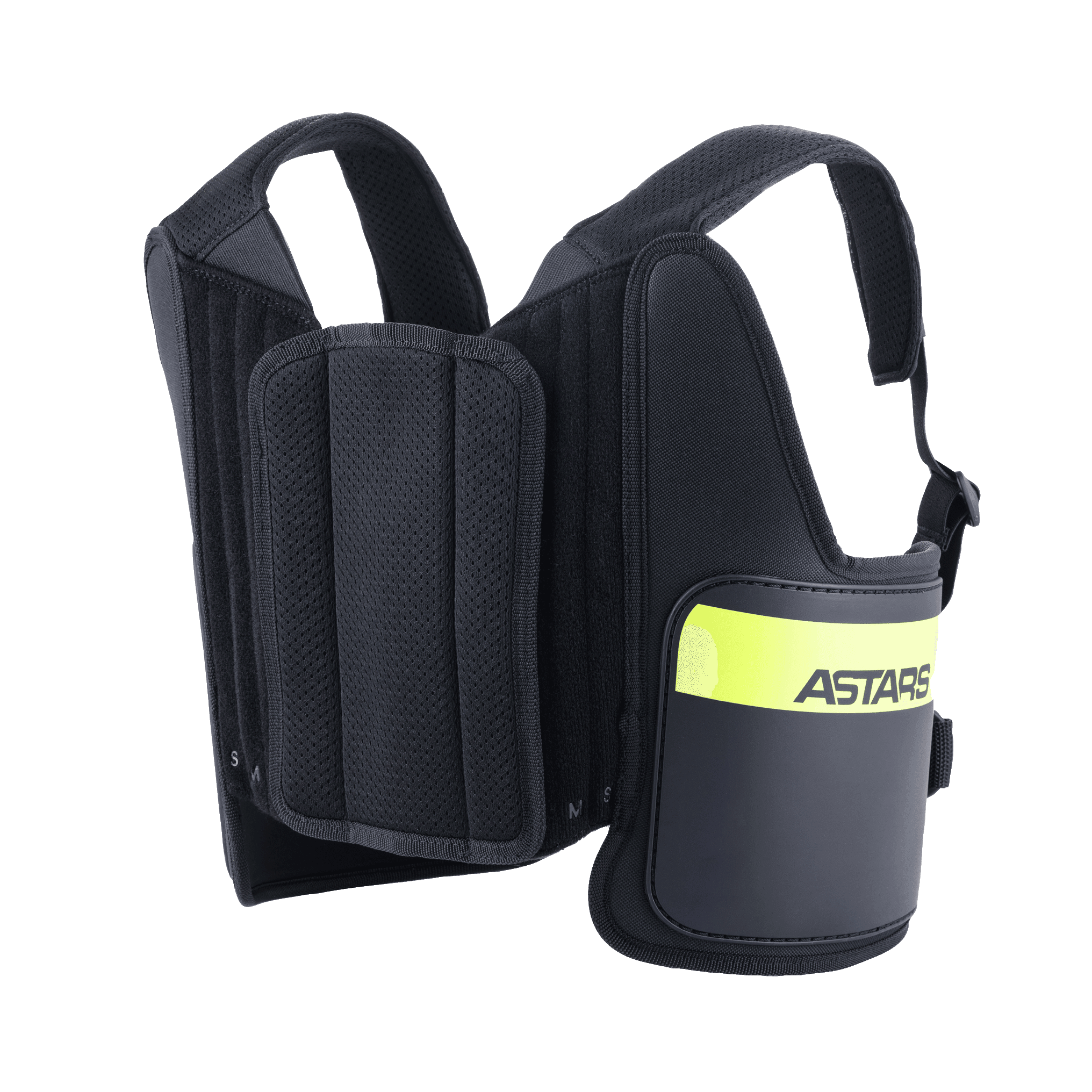 Alpinestars Bionic Rib Support, karting ribbensbeskytter, sort og fluoriserende gul, med ASTARS-branding, justerbare mesh-stropper og flerlags polstret konstruktion for en ergonomisk pasform.
