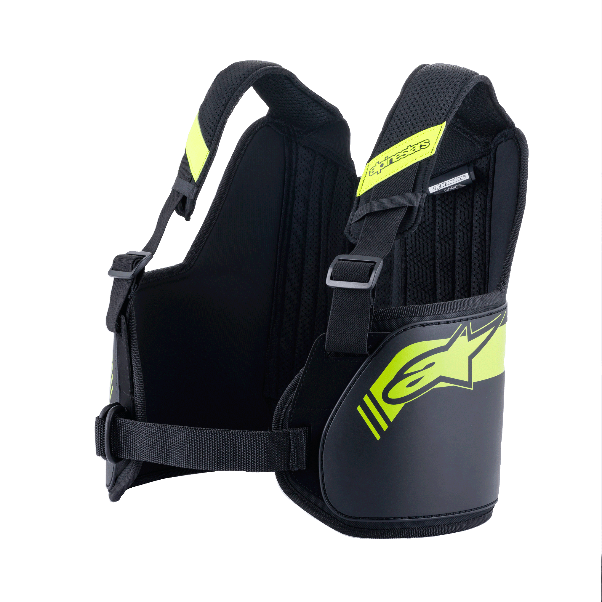Alpinestars Bionic Rib Support, ribbensbeskytter til karting, sort og gul fluo, med justerbare stropper og centralt brystbælte, åndbart mesh-interiør med polstrede paneler, ergonomisk design til beskyttelse ved gokartkørsel