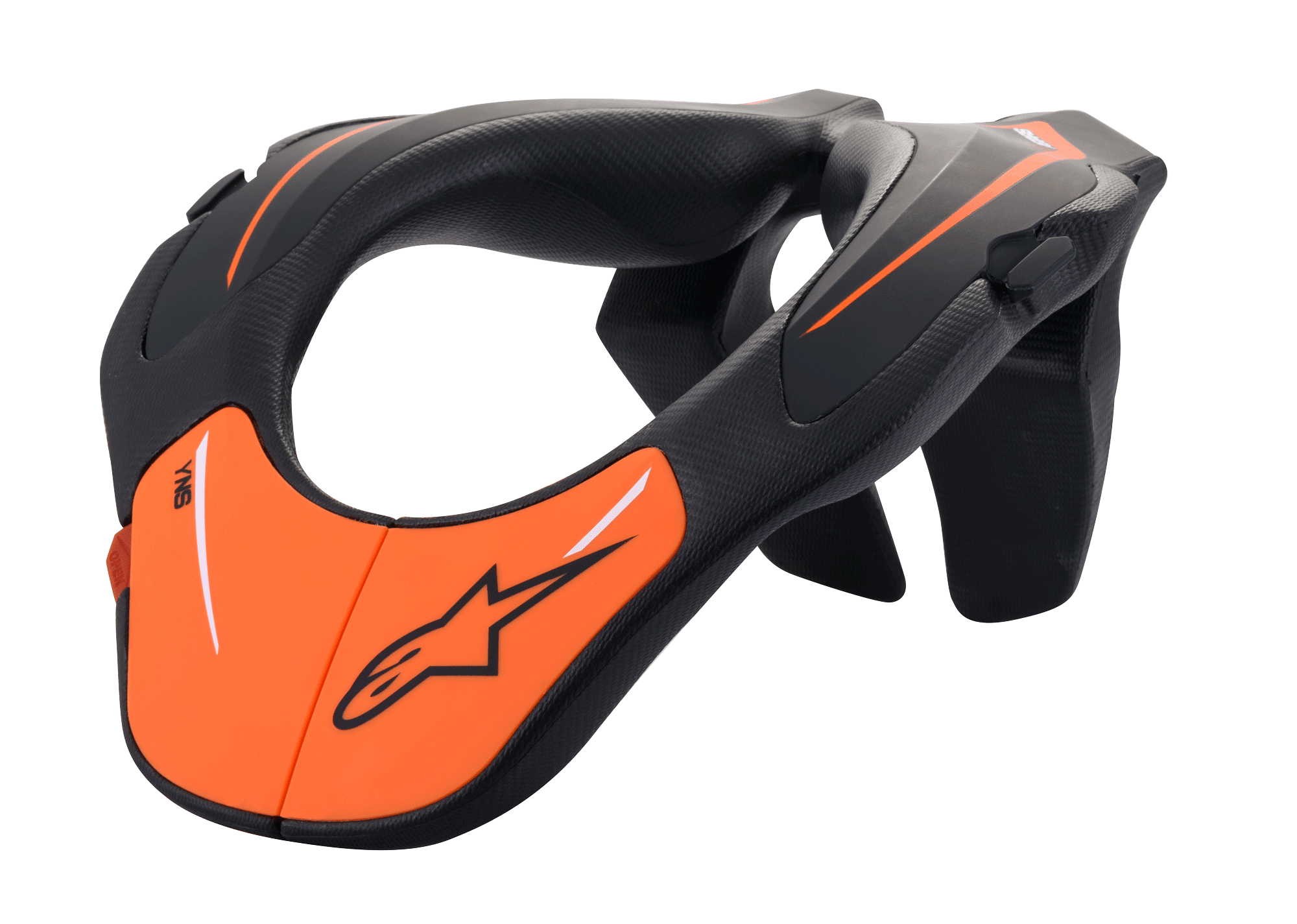 Alpinestars Youth Neck Support, Motocross Neck Brace, Black and Orange, ergonomic injected polymer frame with textured surface, protective gear for young riders and off-road racing