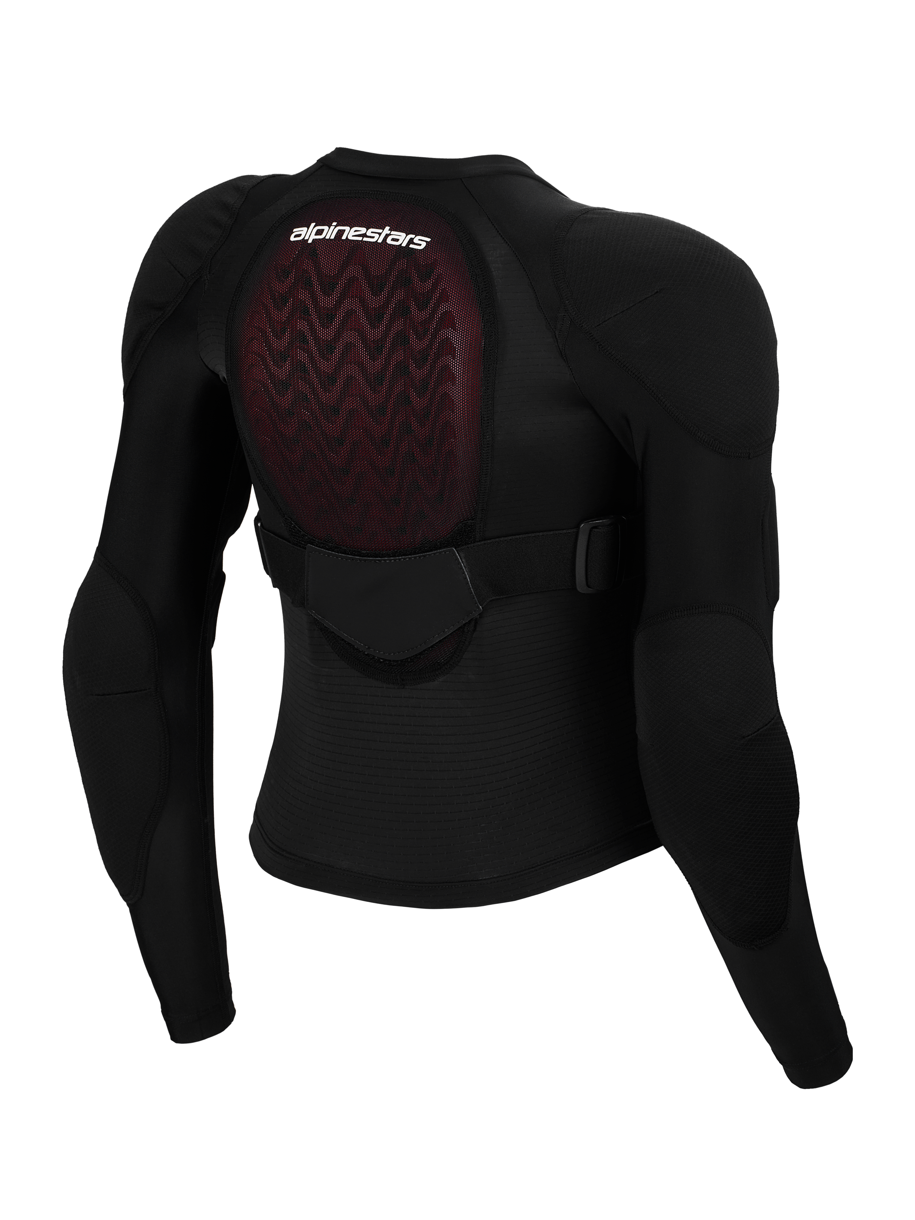 Alpinestars Bionic Plasma LT beskyttelsesjakke til unge, set bagfra, sort mesh med rød Nucleon PLASMA rygbeskytter, integreret skulder- og albuebeskyttelse, justerbar rygrem, beskyttelsesudstyr til motocross