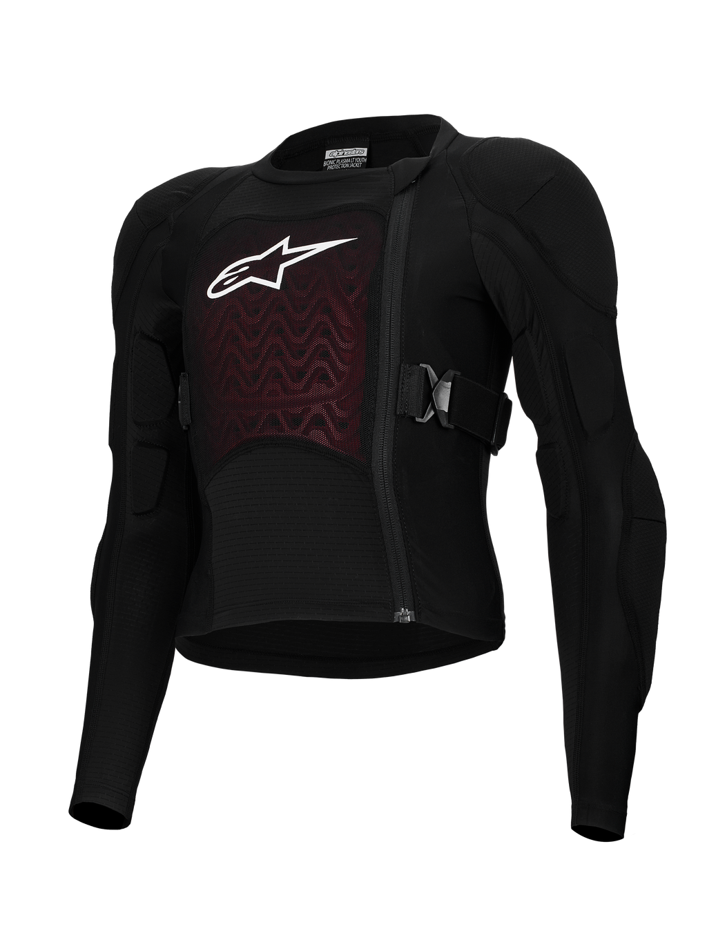 Alpinestars Bionic Plasma LT Youth Protection Jacket, sort og rød, beskyttelsesudstyr til motorcykel, polstrede skuldre og albuer, forskudt lynlås foran, justerbare sidestropper, tekstureret brystpanel med hvidt logo