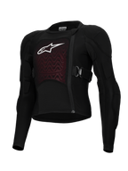 Alpinestars Bionic Plasma LT Youth Protection Jacket, sort og rød, beskyttelsesudstyr til motorcykel, polstrede skuldre og albuer, forskudt lynlås foran, justerbare sidestropper, tekstureret brystpanel med hvidt logo