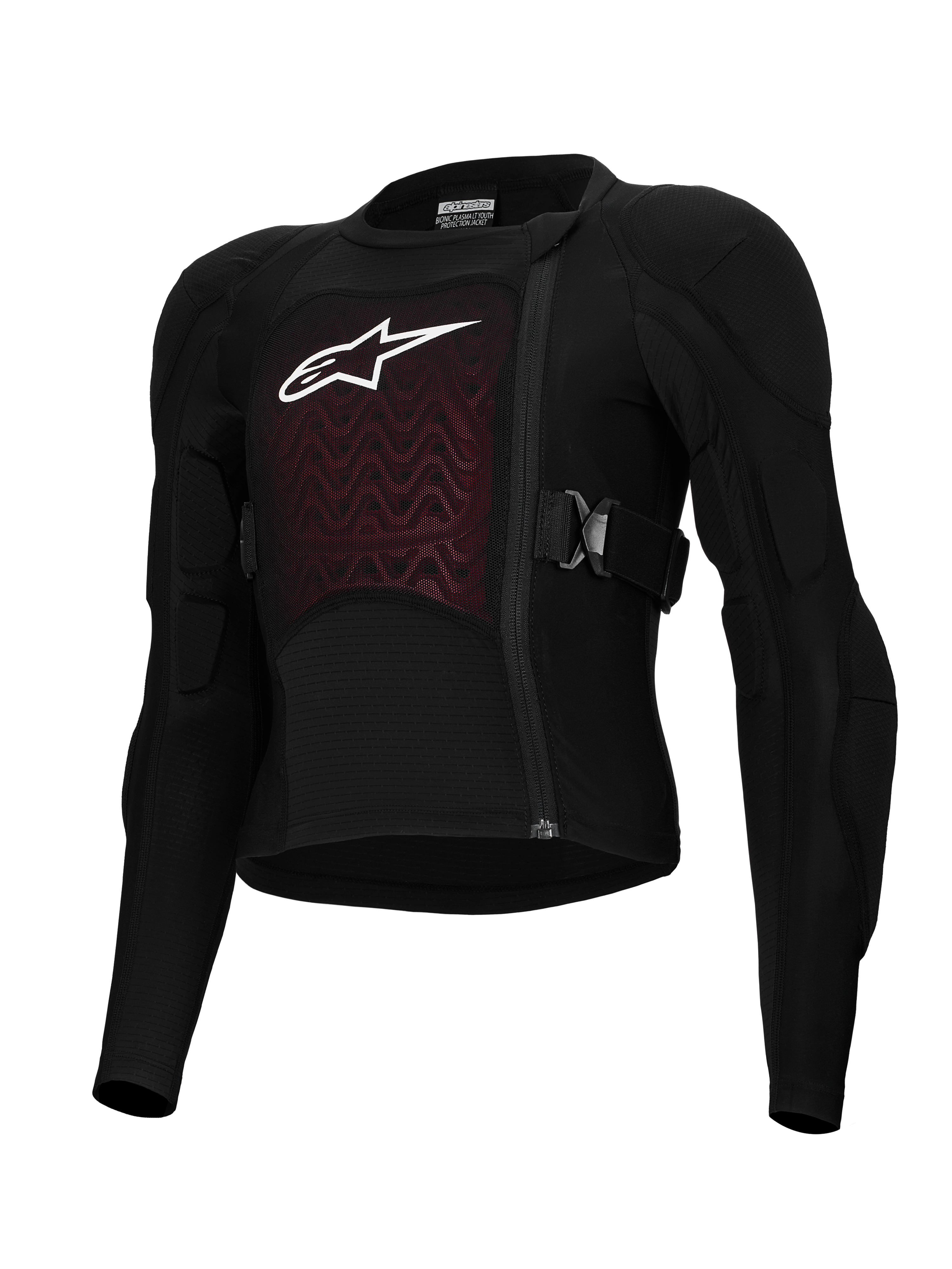 Alpinestars Bionic Plasma LT Youth Protection Jacket, sort og rød, beskyttelsesudstyr til motorcykel, polstrede skuldre og albuer, forskudt lynlås foran, justerbare sidestropper, tekstureret brystpanel med hvidt logo