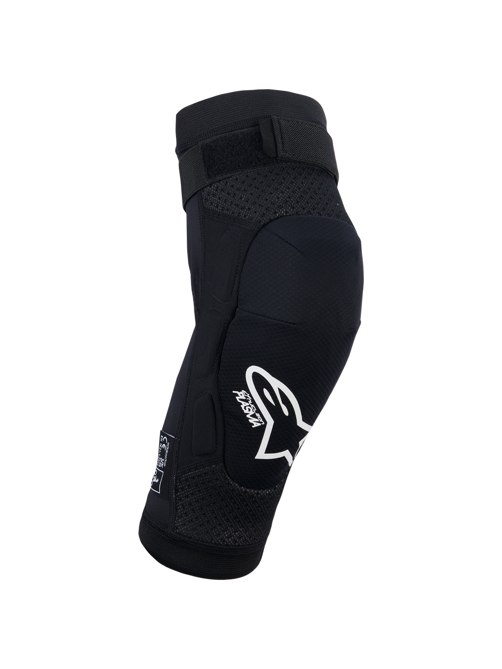 Alpinestars Bionic Plasma Youth knæbeskytter, sort, motocross beskyttelsesudstyr, hvidt Alpinestars-logo og Plasma-branding, 3D mesh-chassis, justerbar rem foroven, ergonomisk kontureret design