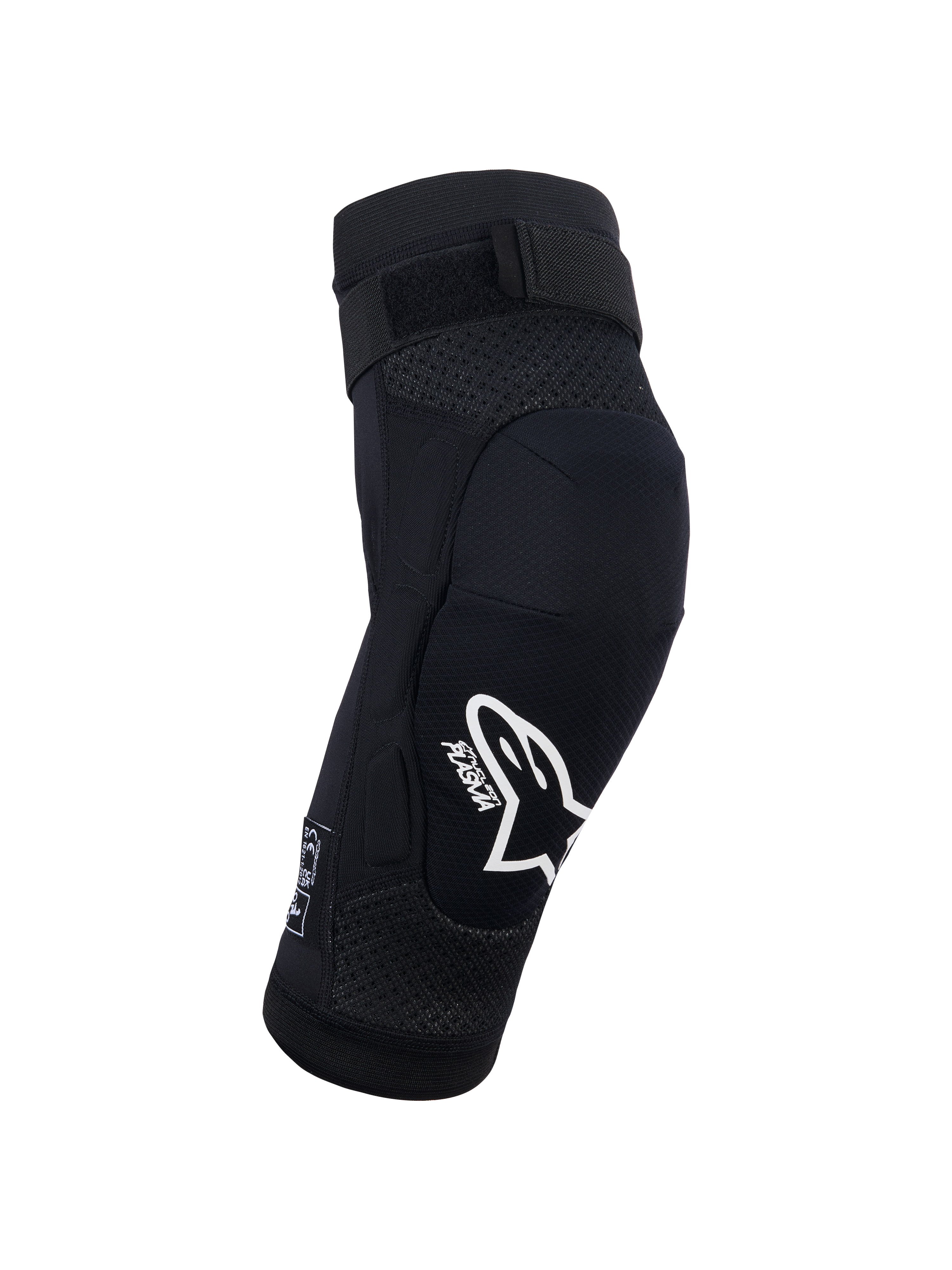 Alpinestars Bionic Plasma Youth knæbeskytter, sort, motocross beskyttelsesudstyr, hvidt Alpinestars-logo og Plasma-branding, 3D mesh-chassis, justerbar rem foroven, ergonomisk kontureret design