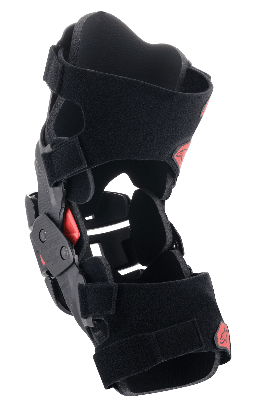 Alpinestars Youth Bionic 5S knæskinne, motocross knæbeskytter, sort og rød, med en hybrid rammekonstruktion, stabilt fire-punkts hængselsystem og justerbare velcrostropper, beskyttende og letvægtsdesign til unge off-road-kørere