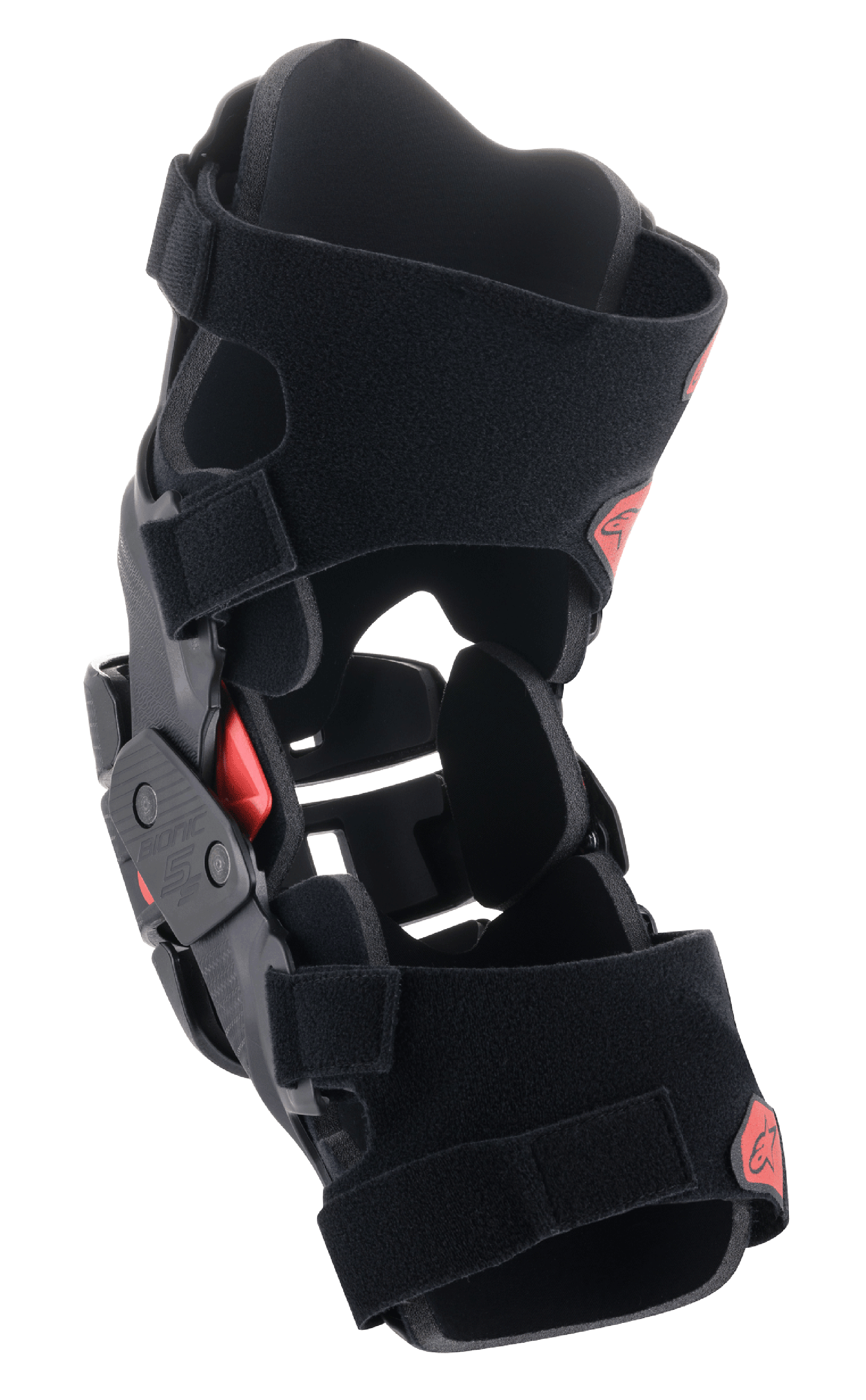 Alpinestars Youth Bionic 5S knæskinne, motocross knæbeskytter, sort og rød, med en hybrid rammekonstruktion, stabilt fire-punkts hængselsystem og justerbare velcrostropper, beskyttende og letvægtsdesign til unge off-road-kørere