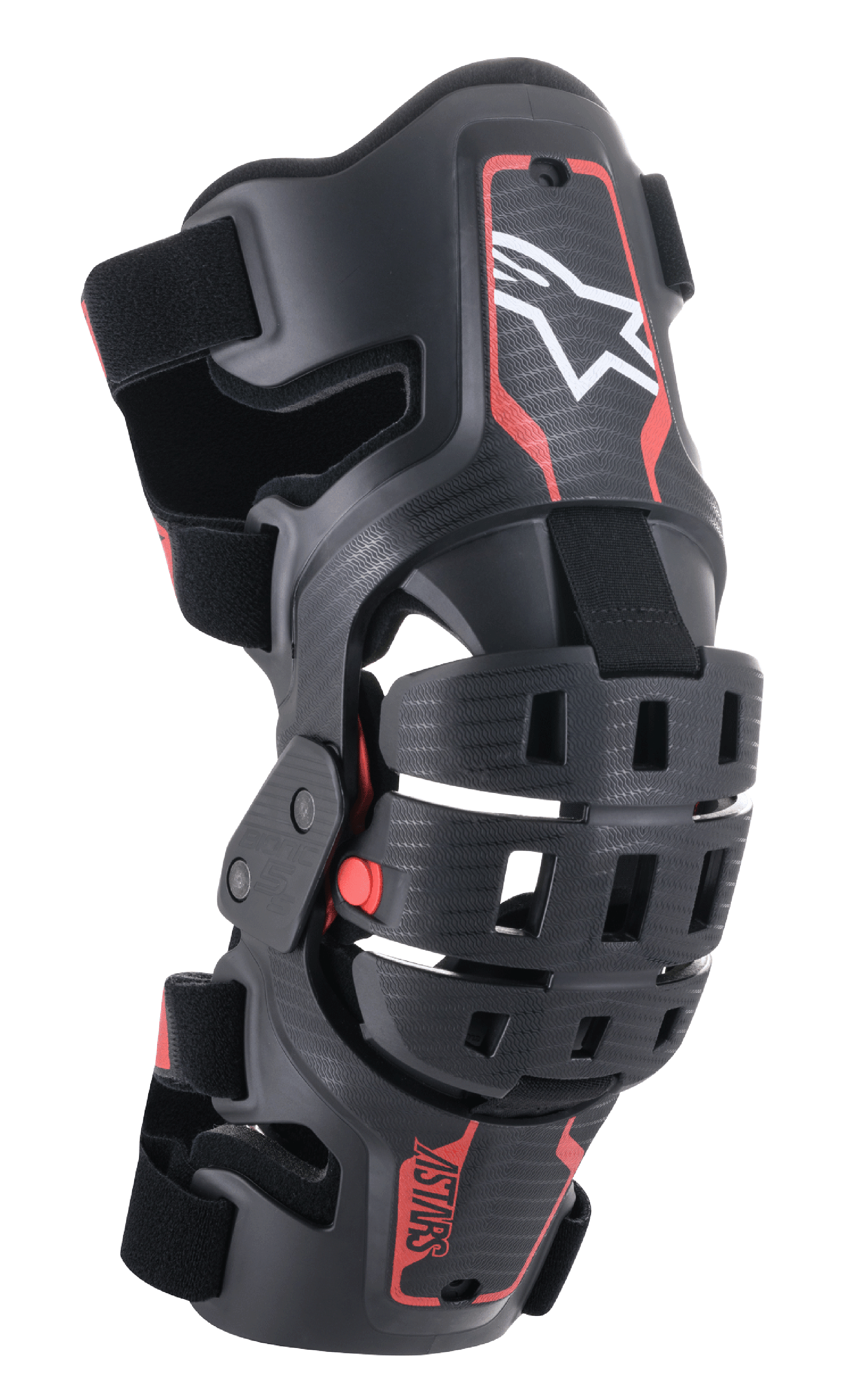 Alpinestars Youth Bionic 5S knæskinne, motocross knæbeskytter, sort og rød, med hvidt stjernelogo, leddelt fire-punkts hængselsystem, robust kompositramme med justerbare stropper, designet til off-road racing til unge