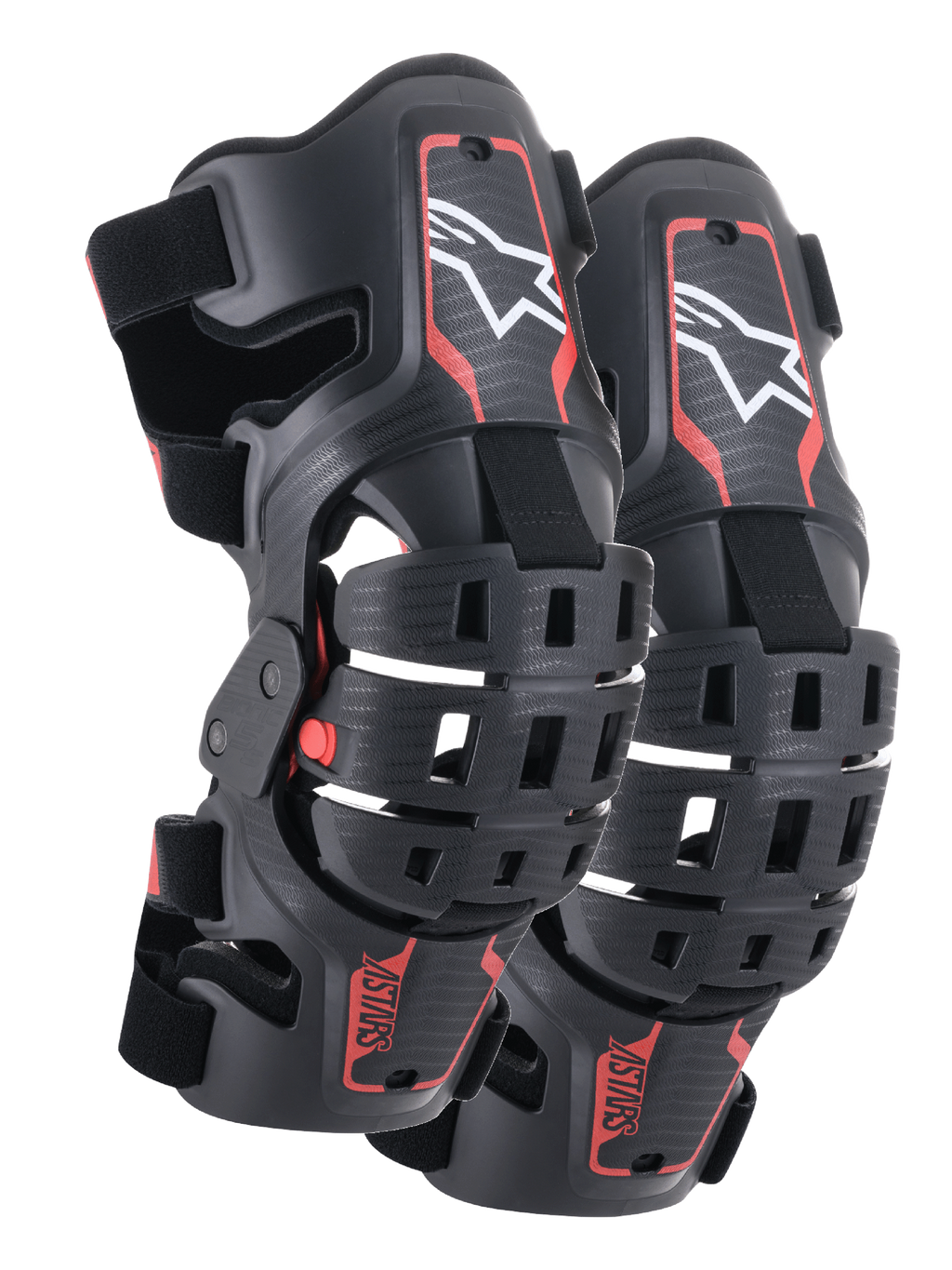 Alpinestars Youth Bionic 5S knæskinner, motocross knæbeskyttelse, sort og rød, et par beskyttere med hybridrammedesign og ventilerede skaller, hvidt Astar-logo på den øverste del, rød ASTARS-branding på den nederste del og justerbare sorte stropper for en sikker pasform.