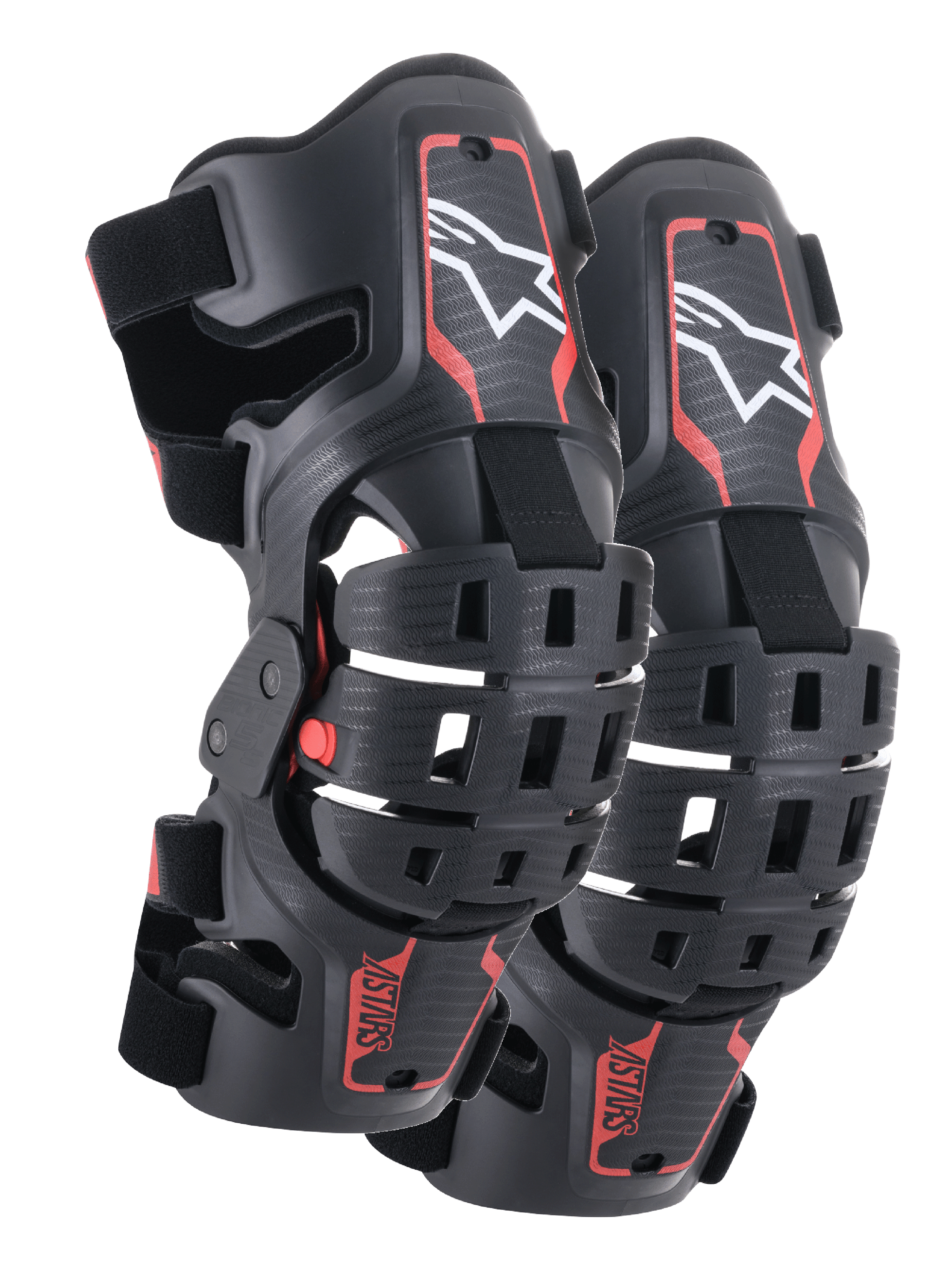 Alpinestars Youth Bionic 5S knæskinner, motocross knæbeskyttelse, sort og rød, et par beskyttere med hybridrammedesign og ventilerede skaller, hvidt Astar-logo på den øverste del, rød ASTARS-branding på den nederste del og justerbare sorte stropper for en sikker pasform.