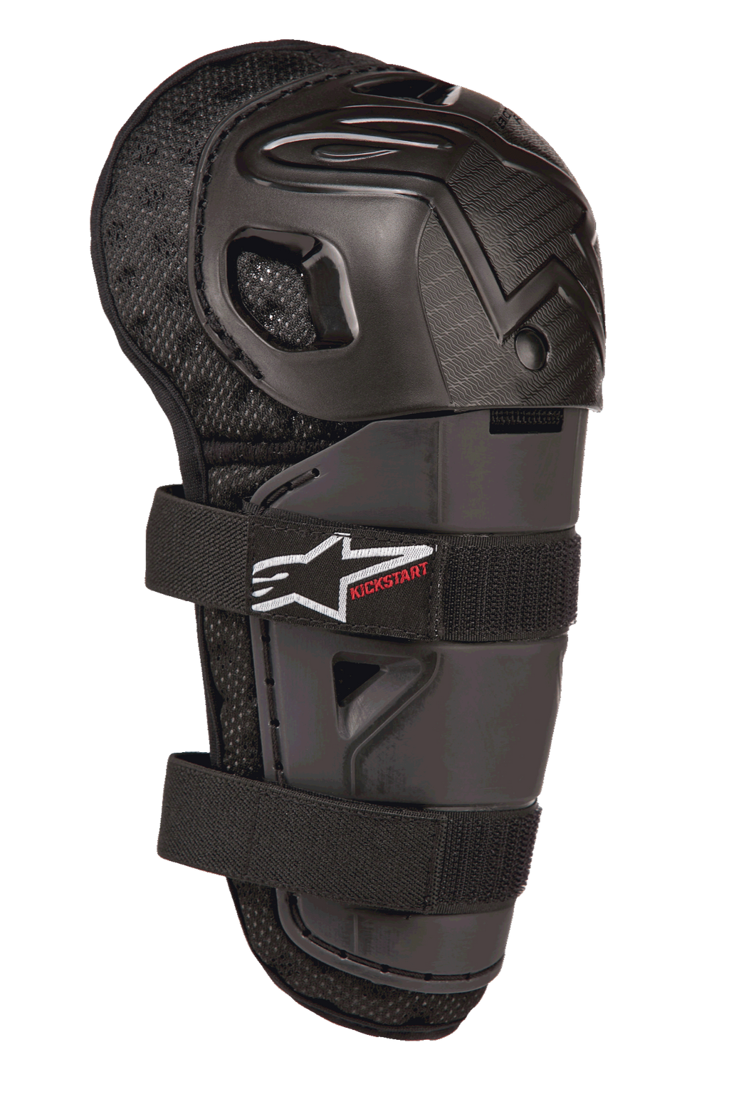 Alpinestars Bionic Action Kickstart knæbeskytter, knæ- og skinnebensbeskytter til motocross til unge, sort, med artikuleret plastskal, dobbelt elastisk stroplukning med hvidt logo og rød Kickstart-branding, polstret mesh-bagside til off-road beskyttelse
