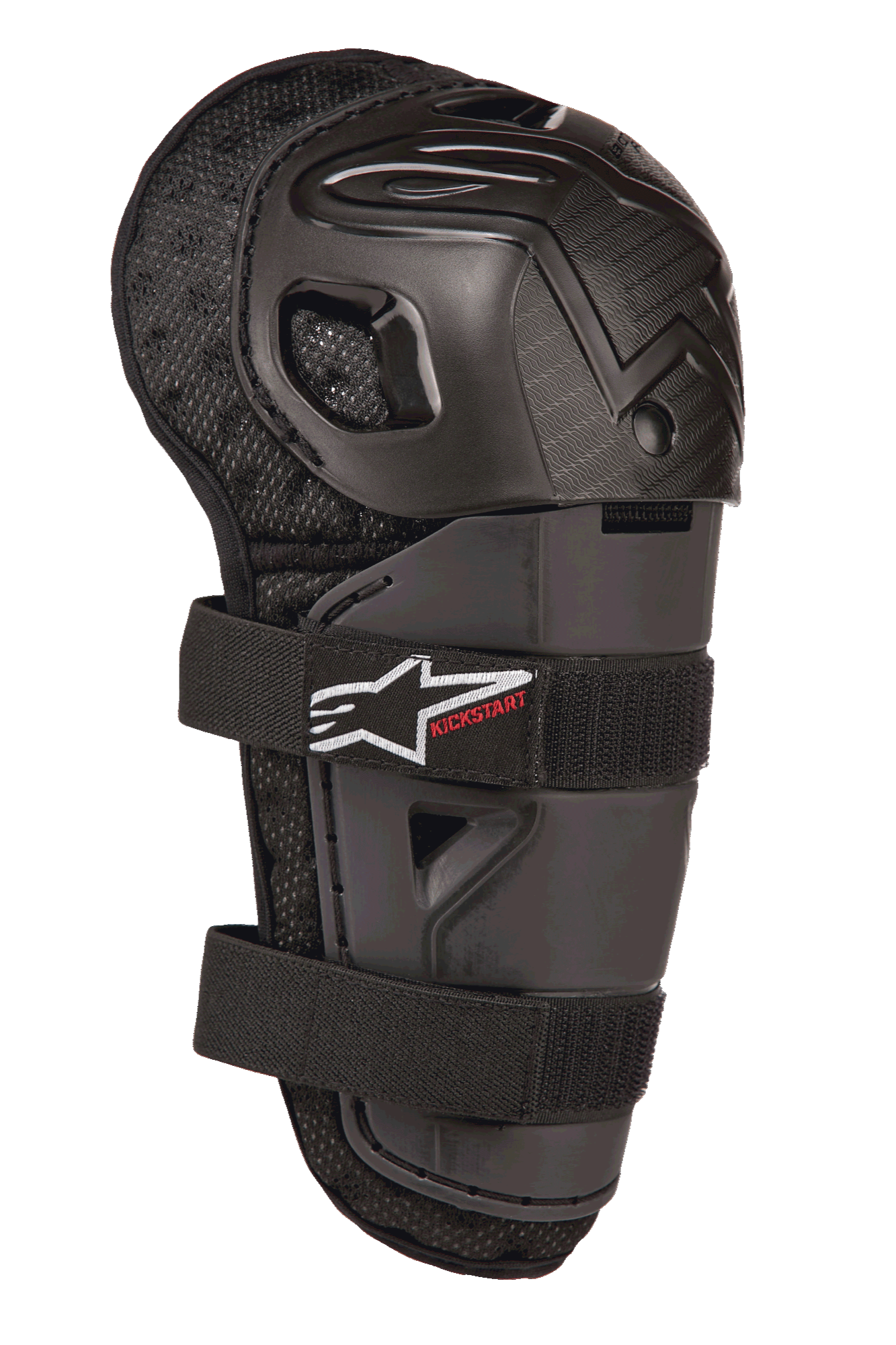 Alpinestars Bionic Action Kickstart knæbeskytter, knæ- og skinnebensbeskytter til motocross til unge, sort, med artikuleret plastskal, dobbelt elastisk stroplukning med hvidt logo og rød Kickstart-branding, polstret mesh-bagside til off-road beskyttelse